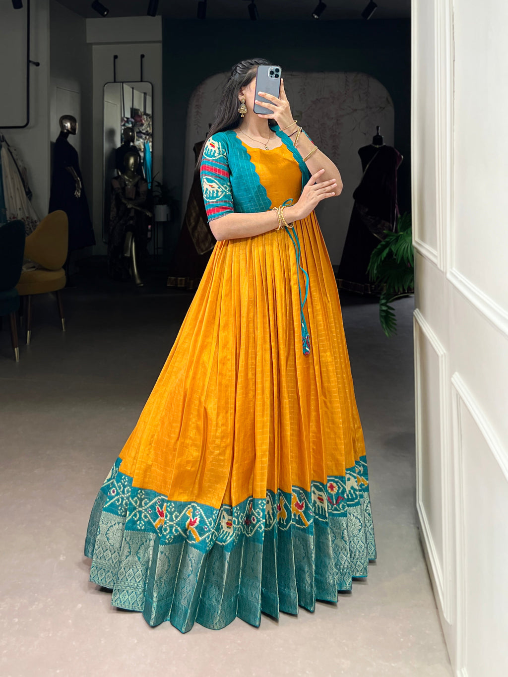 Lorenvalley Fashion Mustard Tussar Chex Patola Print With Weaving Work Border Gown with Koti