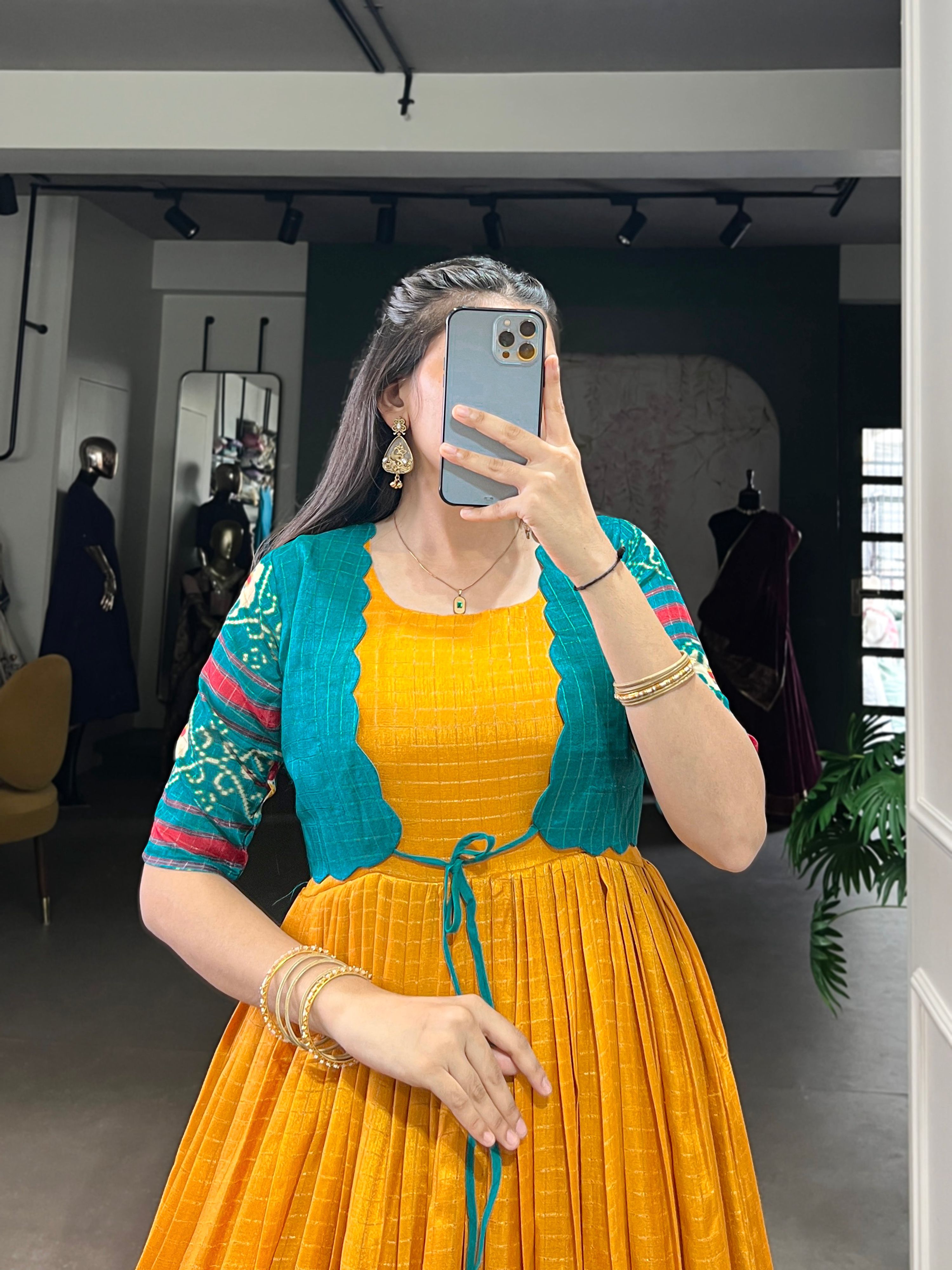 Lorenvalley Fashion Mustard Tussar Chex Patola Print With Weaving Work Border Gown with Koti
