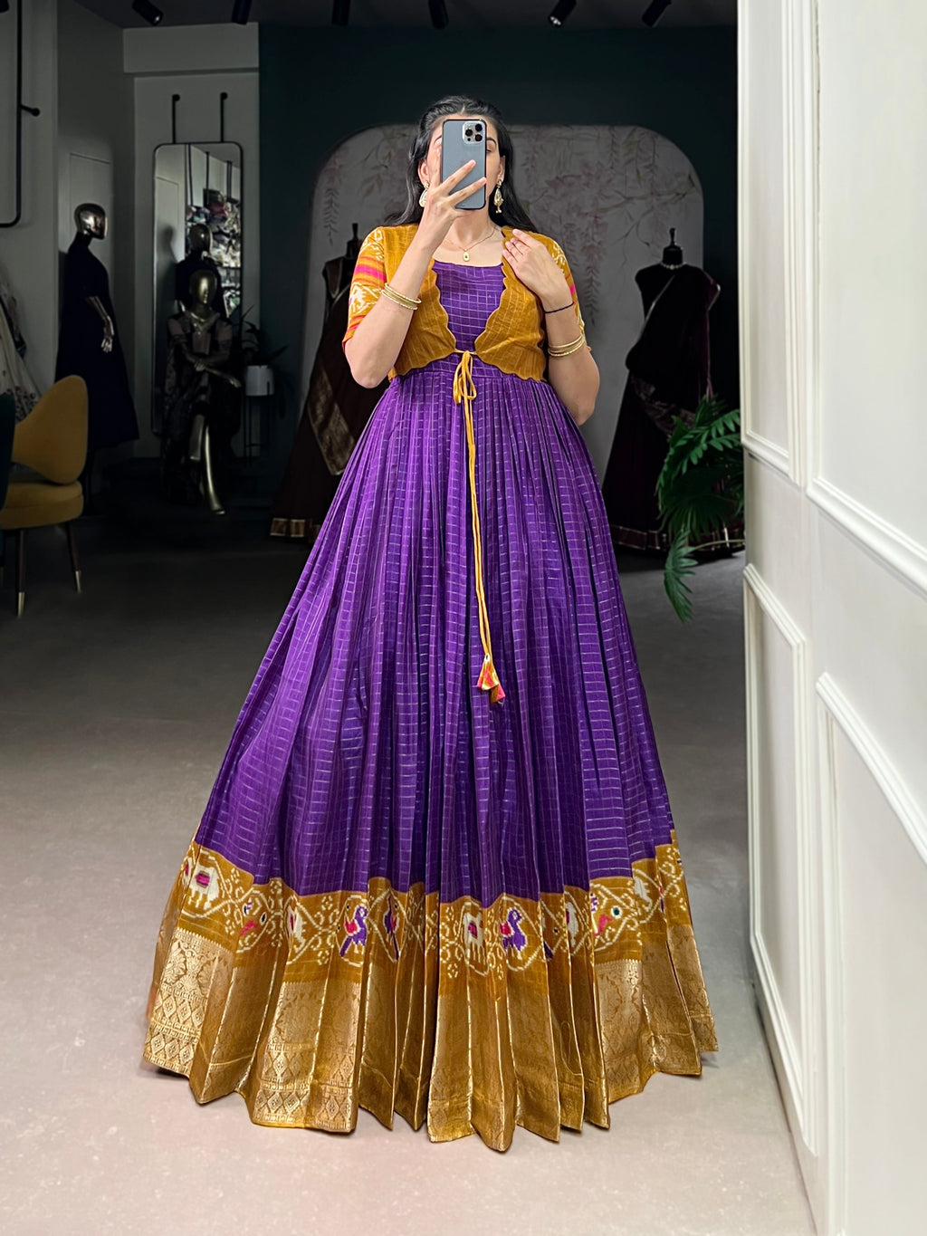 Purple Tussar Chex Patola Print Gown with Weaving Border