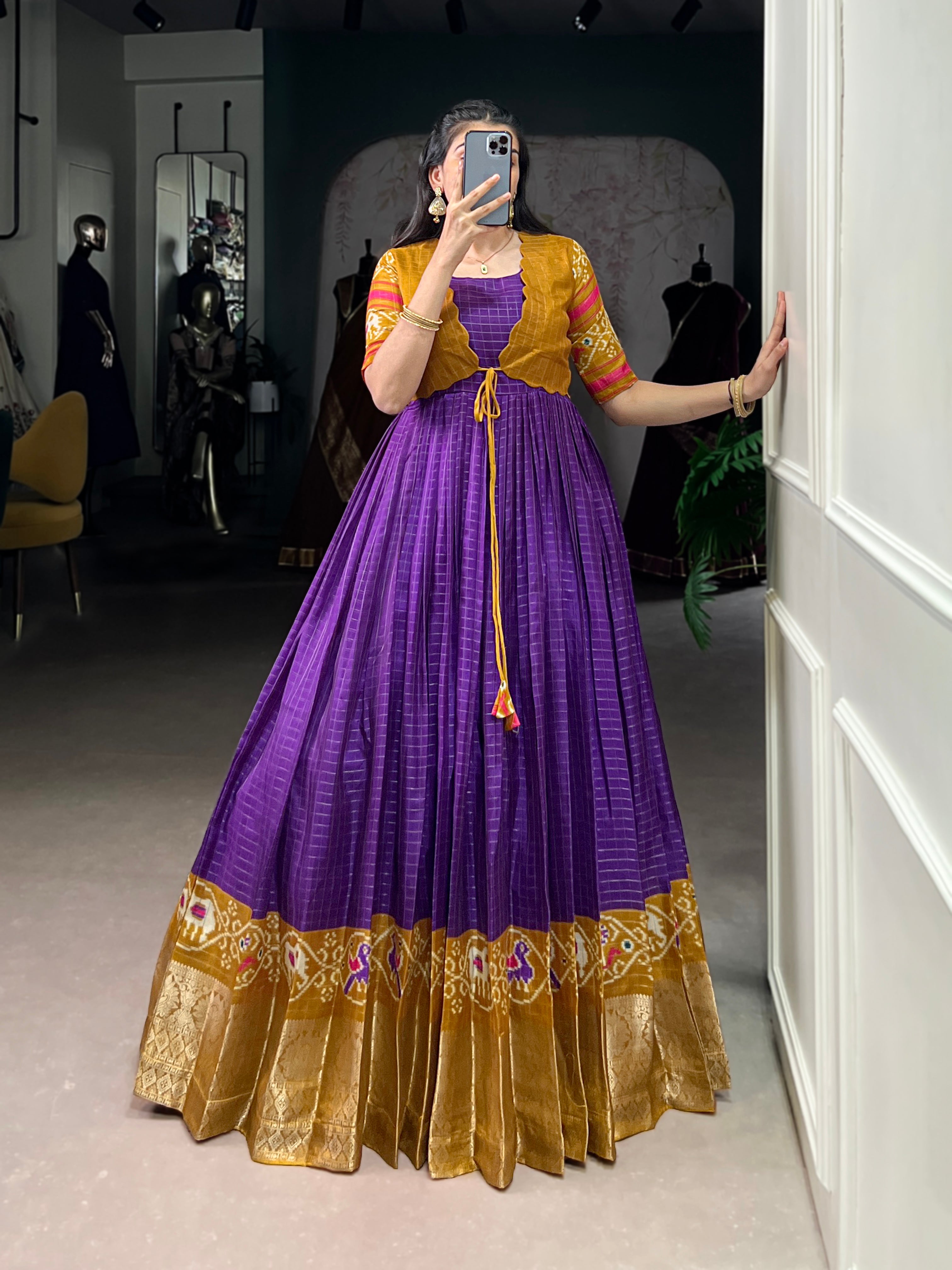 Purple Tussar Chex Patola Print Gown with Weaving Border