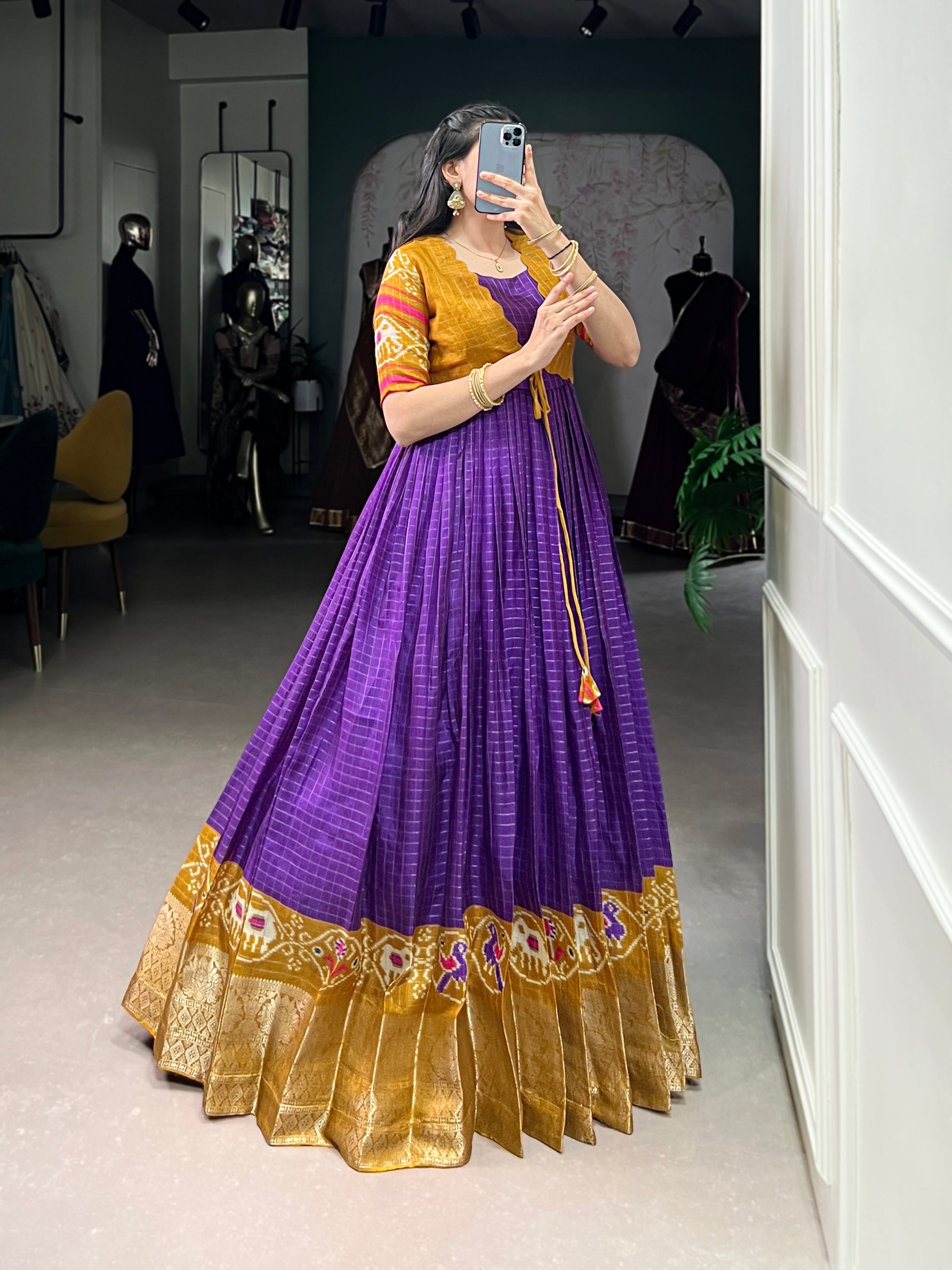 Purple Tussar Chex Patola Print Gown with Weaving Border