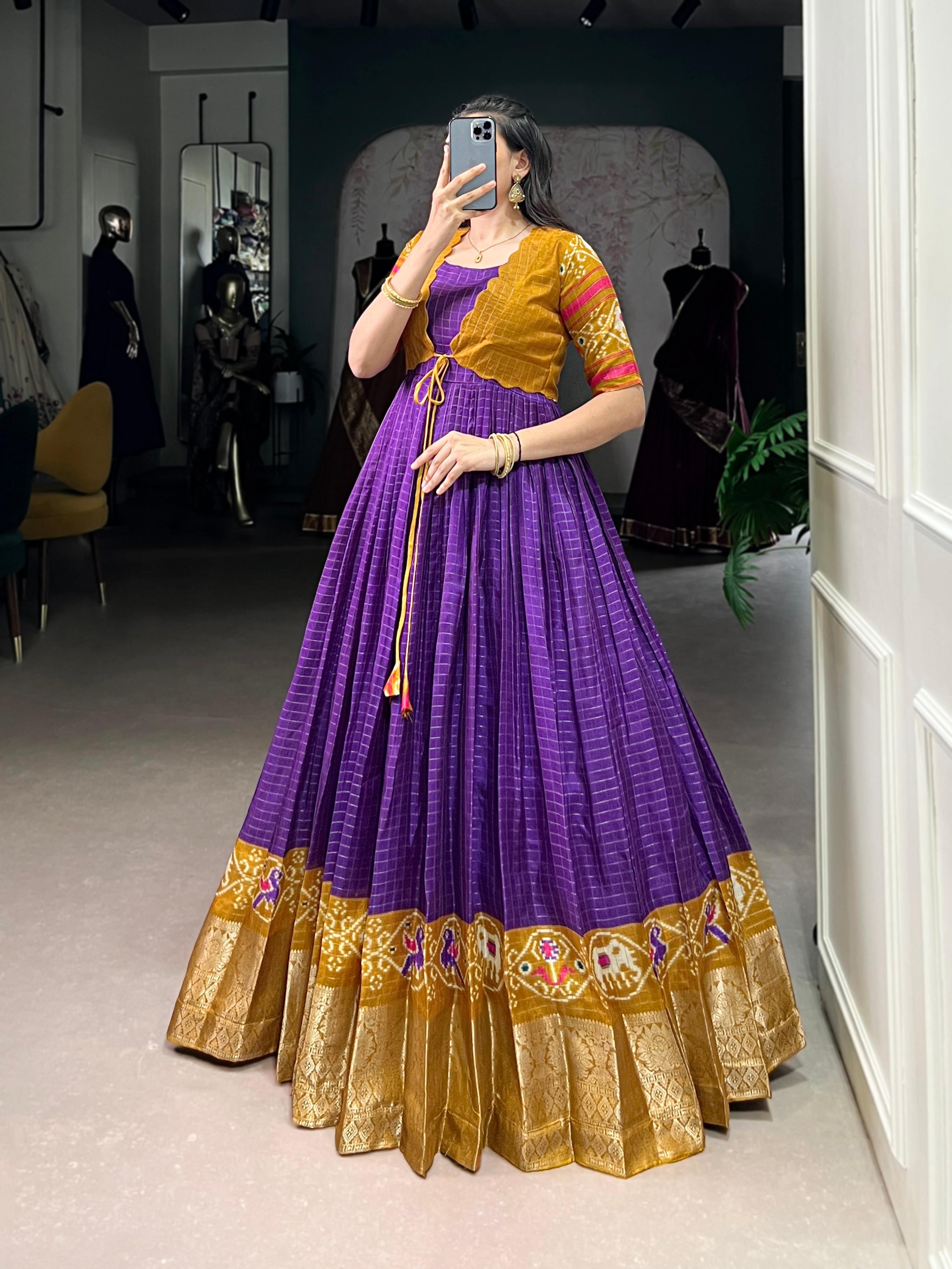 Purple Tussar Chex Patola Print Gown with Weaving Border