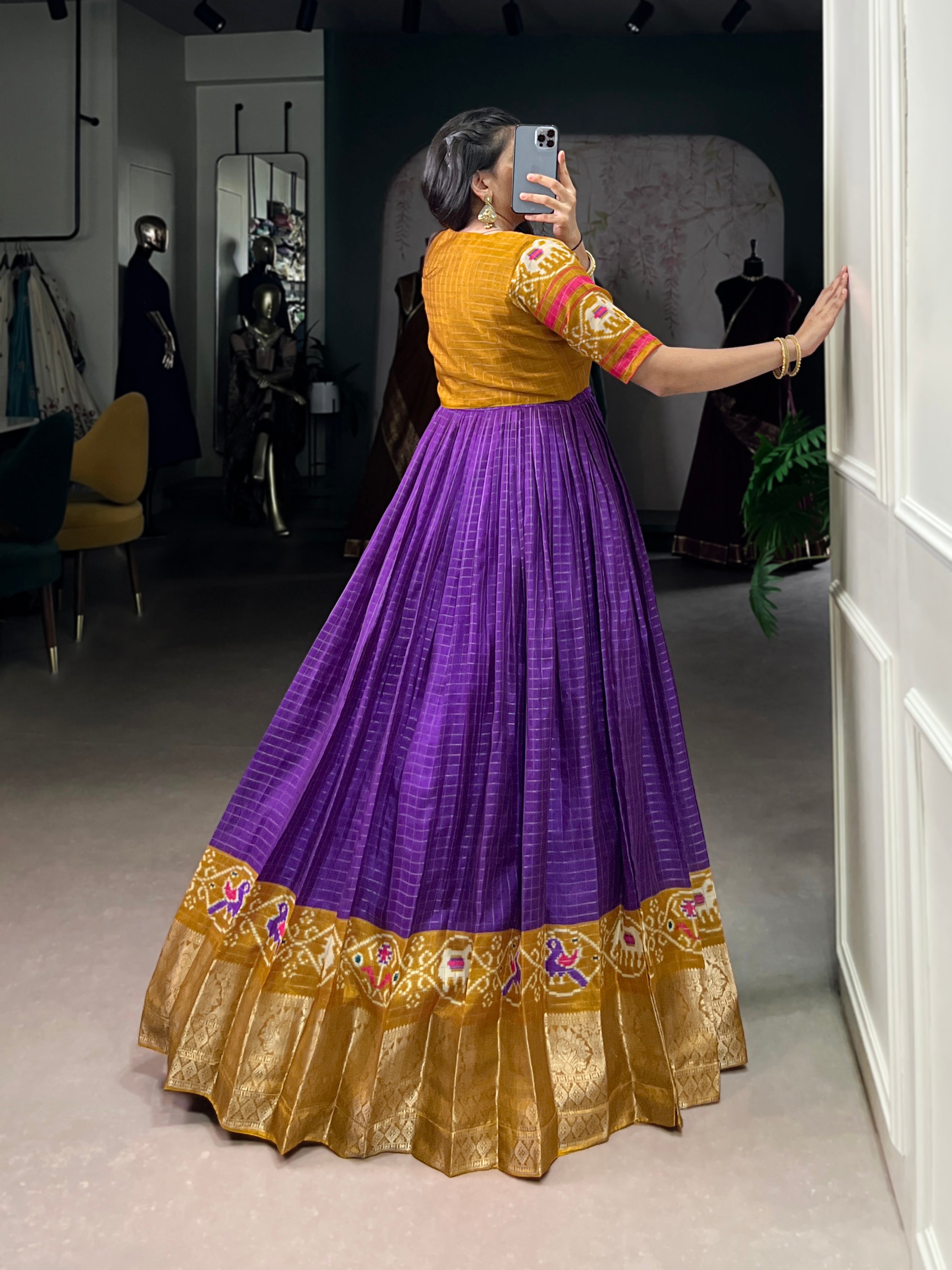 Purple Tussar Chex Patola Print Gown with Weaving Border