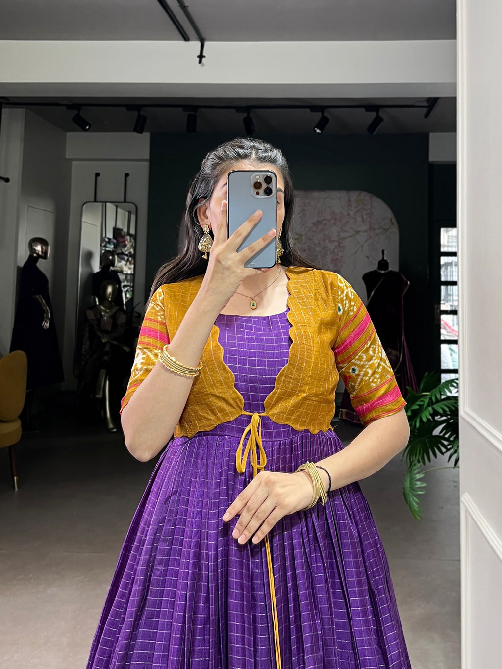 Purple Tussar Chex Patola Print Gown with Weaving Border