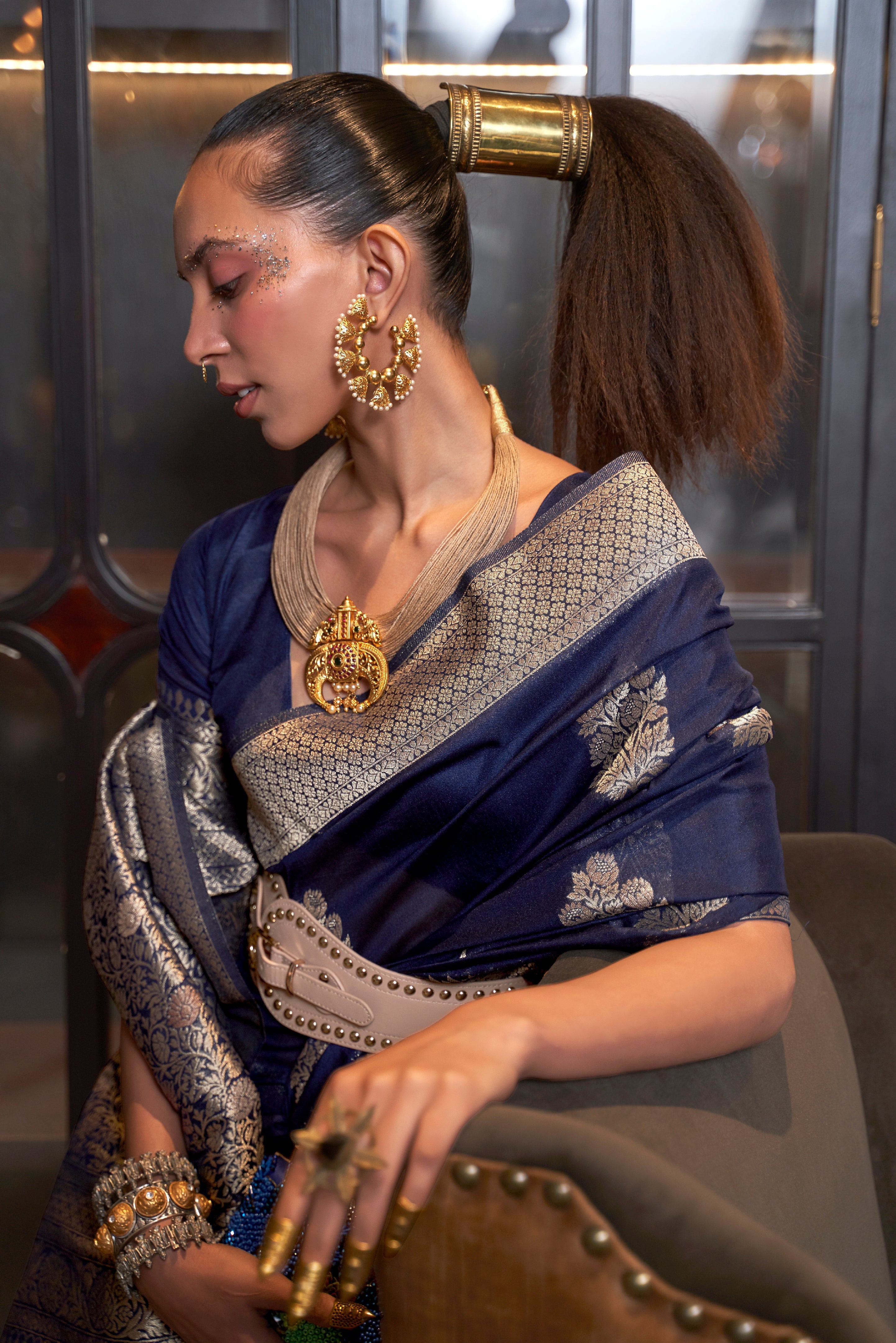 Monjolika Fashion Navy Blue Color Handloom Khadi Georgette Tradtional Saree