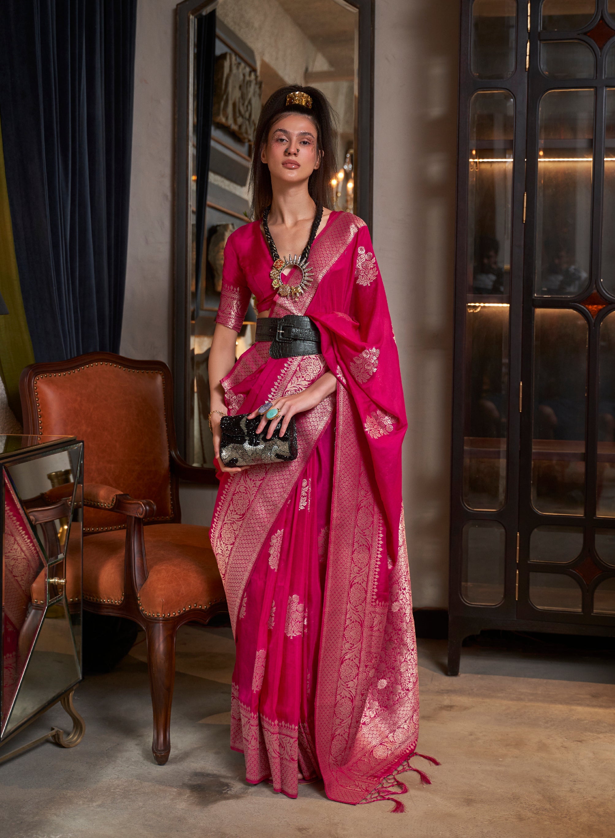 Rani Pink Handloom Khadi Georgette saree with ornate zari weaving