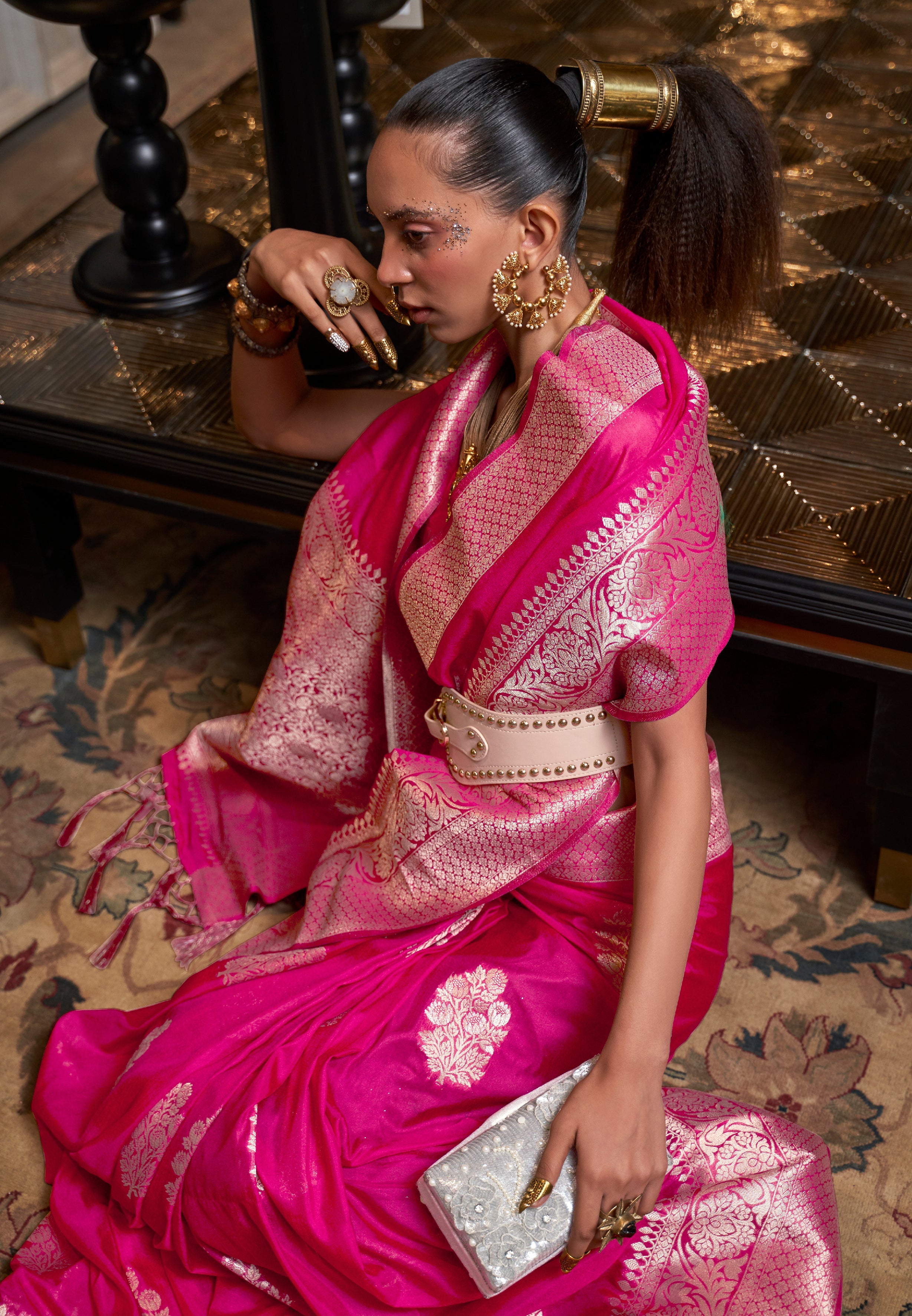 Rani Pink Handloom Khadi Georgette Saree with Zari Work
