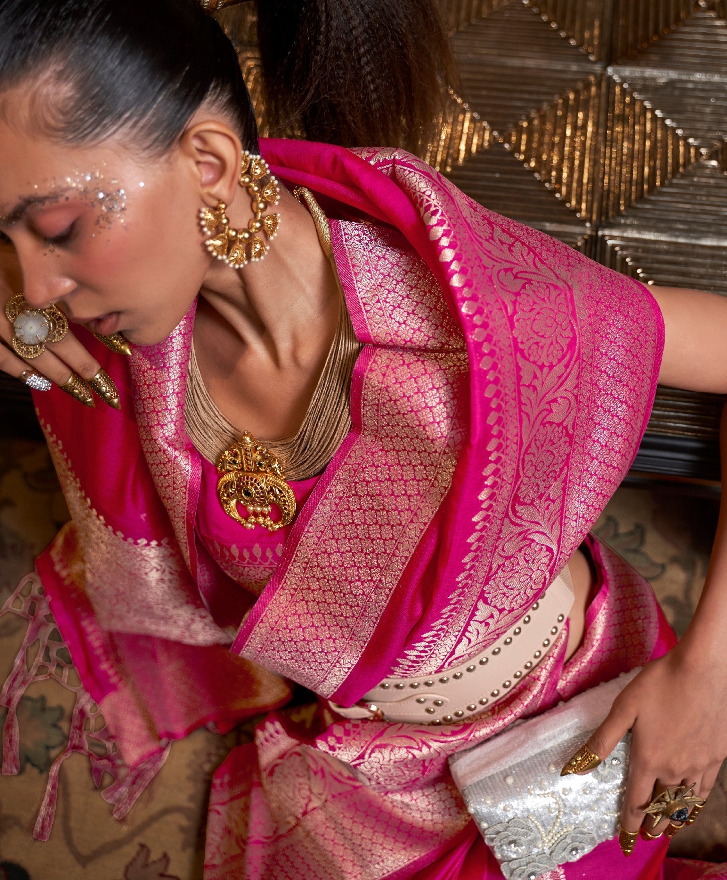 Rani Pink Handloom Khadi Georgette Saree with Zari Work