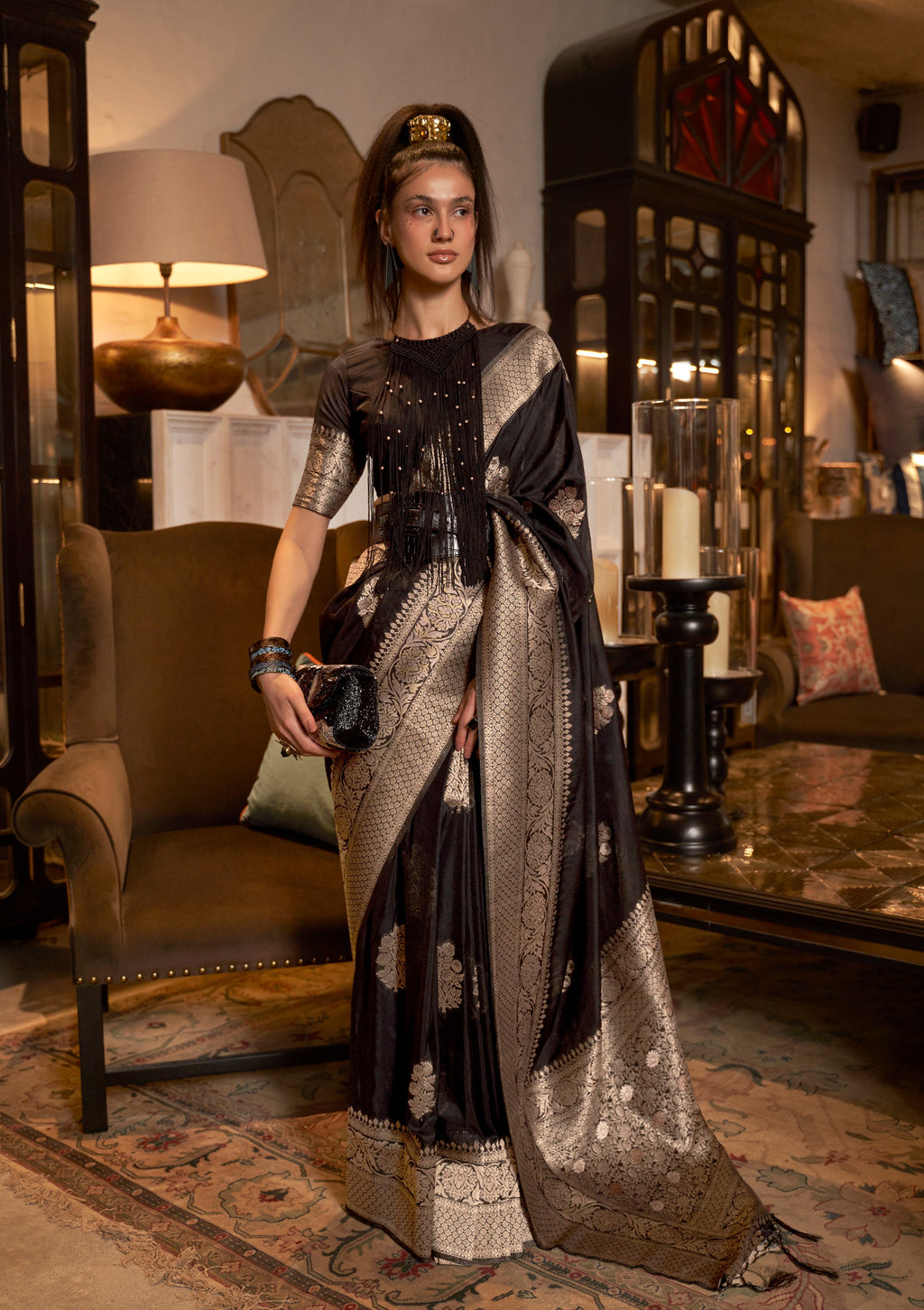 Black Khadi Georgette saree with intricate gold zari woven details