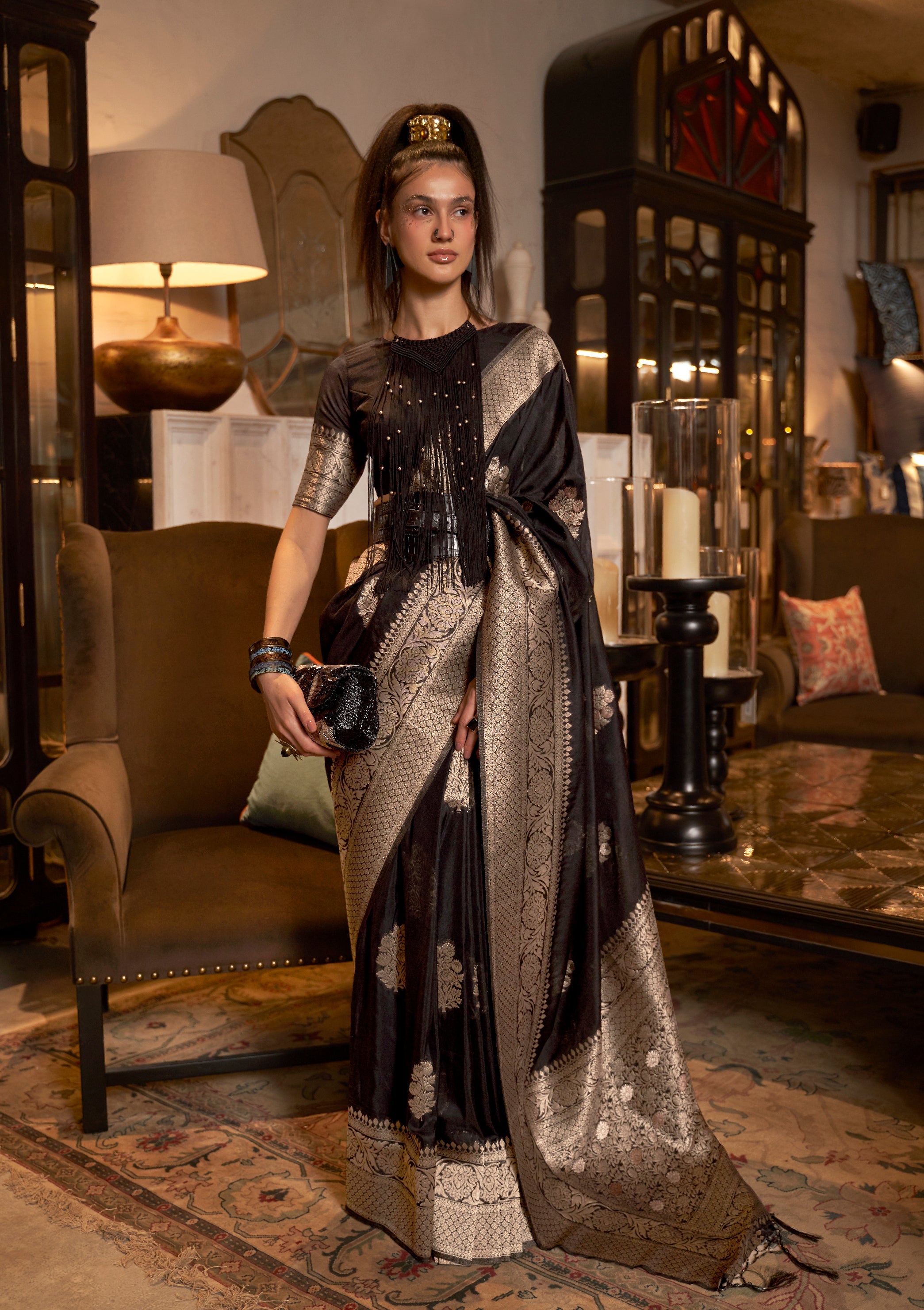 Black Khadi Georgette saree with intricate gold zari woven details