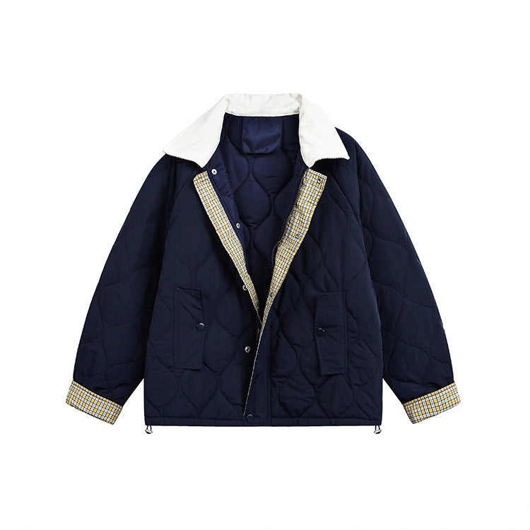 Yellow Diamond Quilted Short Jacket with Brown Flip Collar - Image 4