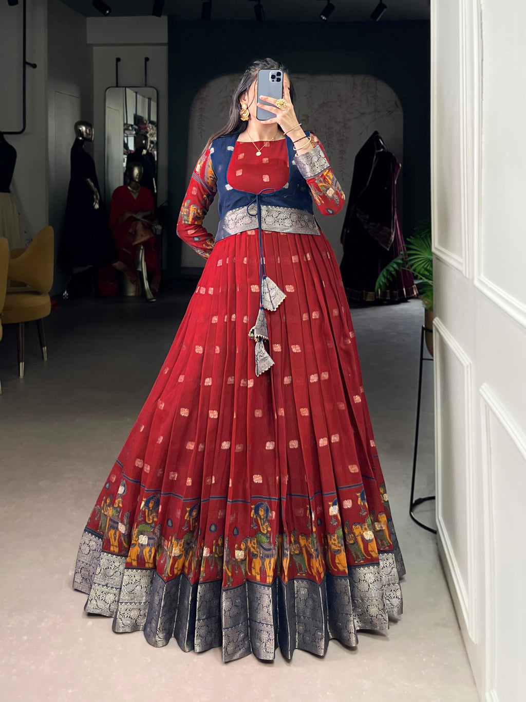 Maroon Poly Cotton Kalamkari Print Gown with Zari Border and Koti