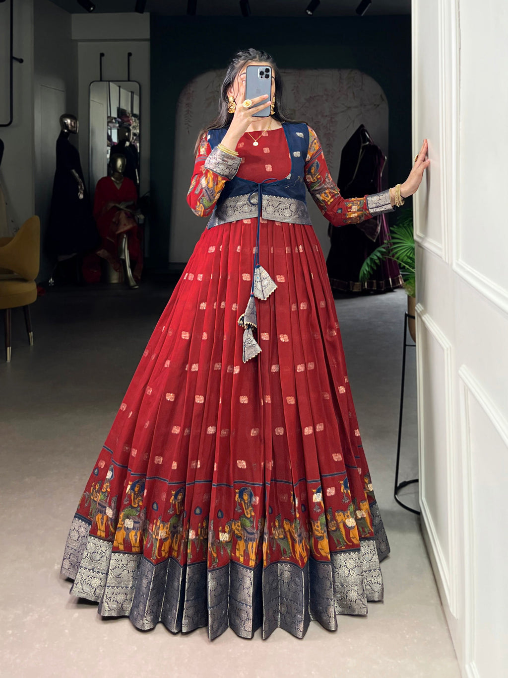 Maroon Poly Cotton Kalamkari Print Gown with Zari Border and Koti
