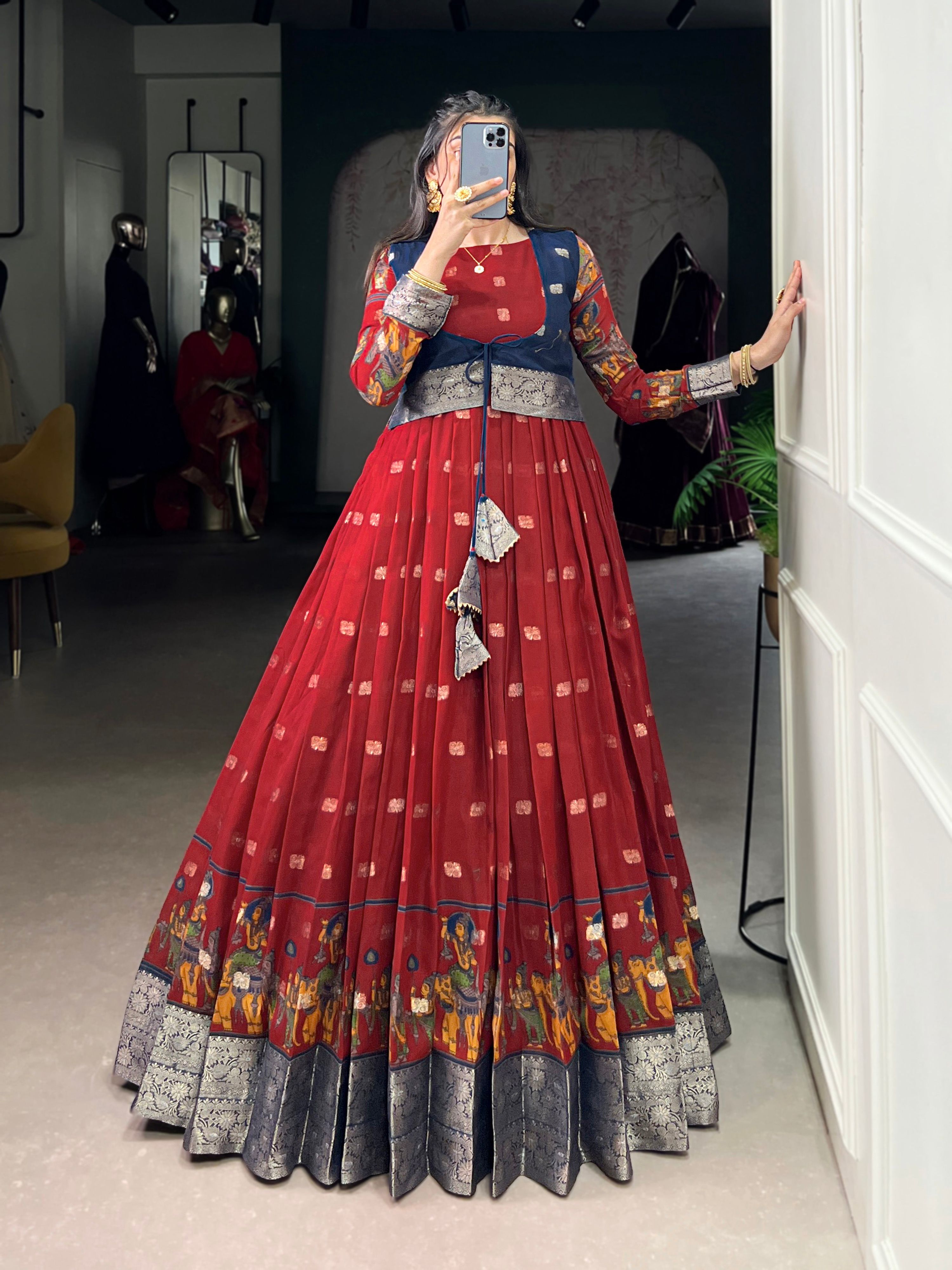 Maroon Poly Cotton Kalamkari Print Gown with Zari Border and Koti