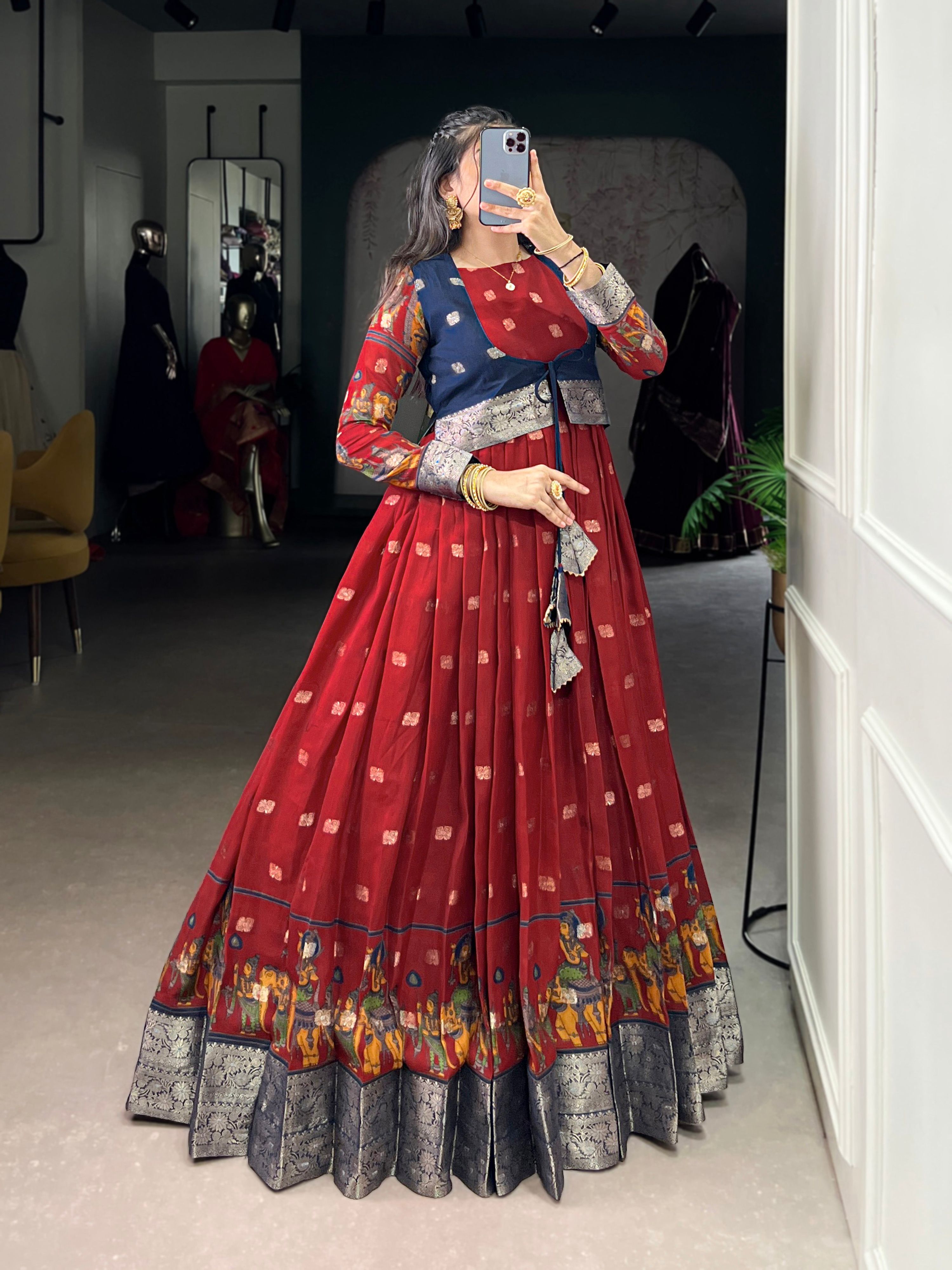 Maroon Poly Cotton Kalamkari Print Gown with Zari Border and Koti