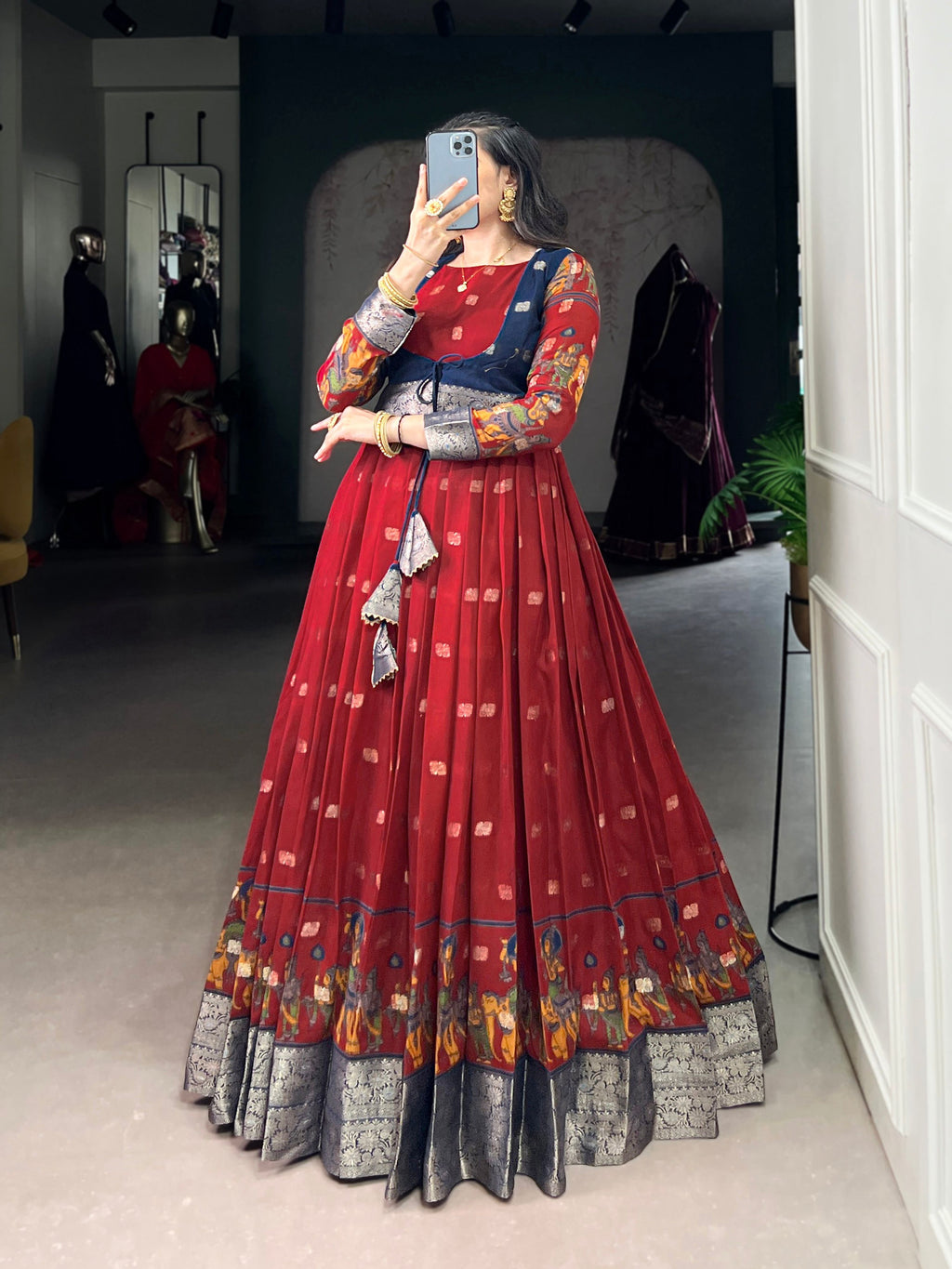 Maroon Poly Cotton Kalamkari Print Gown with Zari Border and Koti