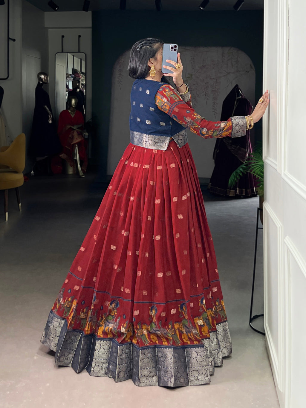 Maroon Poly Cotton Kalamkari Print Gown with Zari Border and Koti