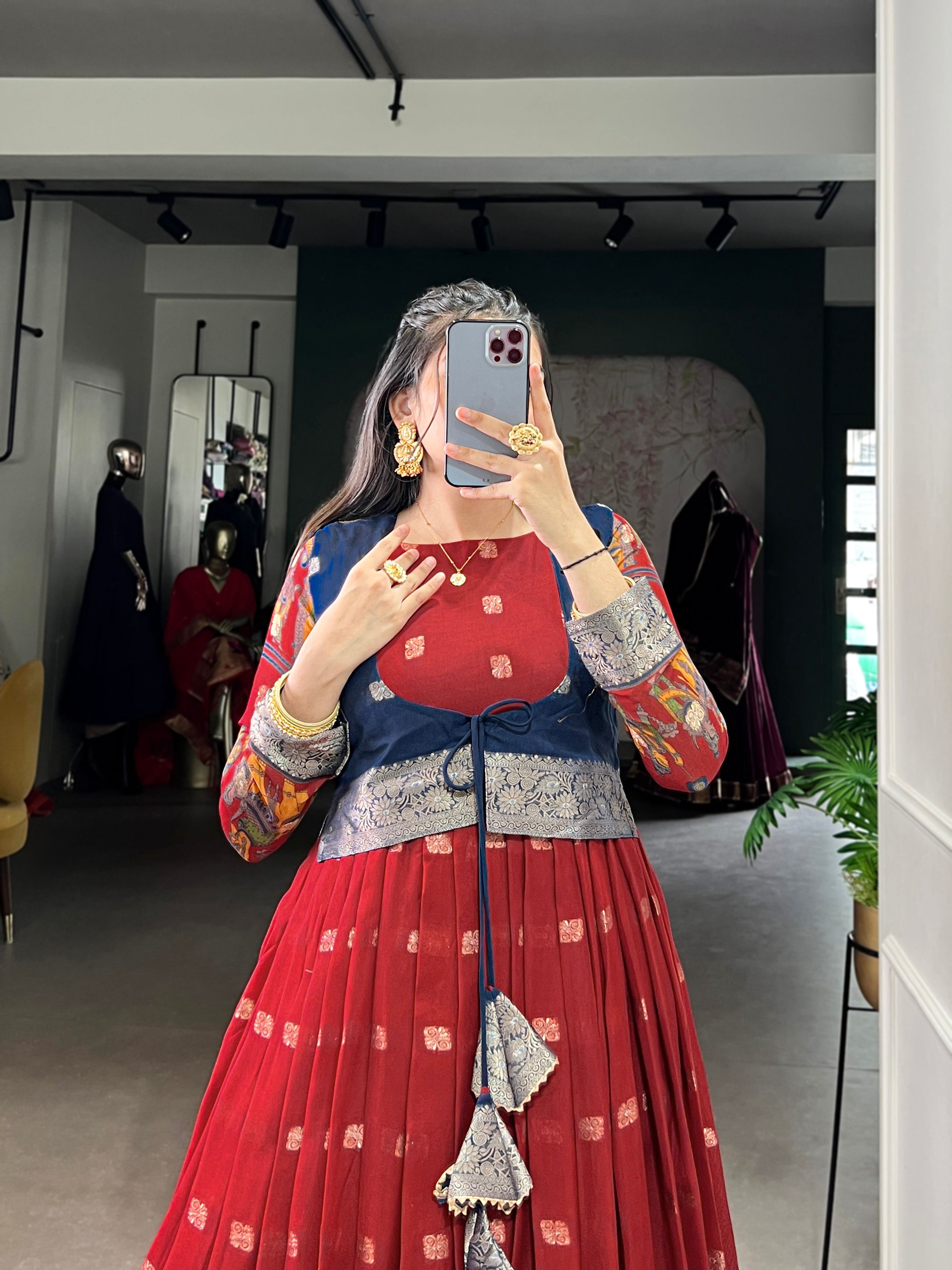 Maroon Poly Cotton Kalamkari Print Gown with Zari Border and Koti