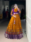 Mustard Poly Cotton Kalamkari print gown with Zari border and matching Koti for women