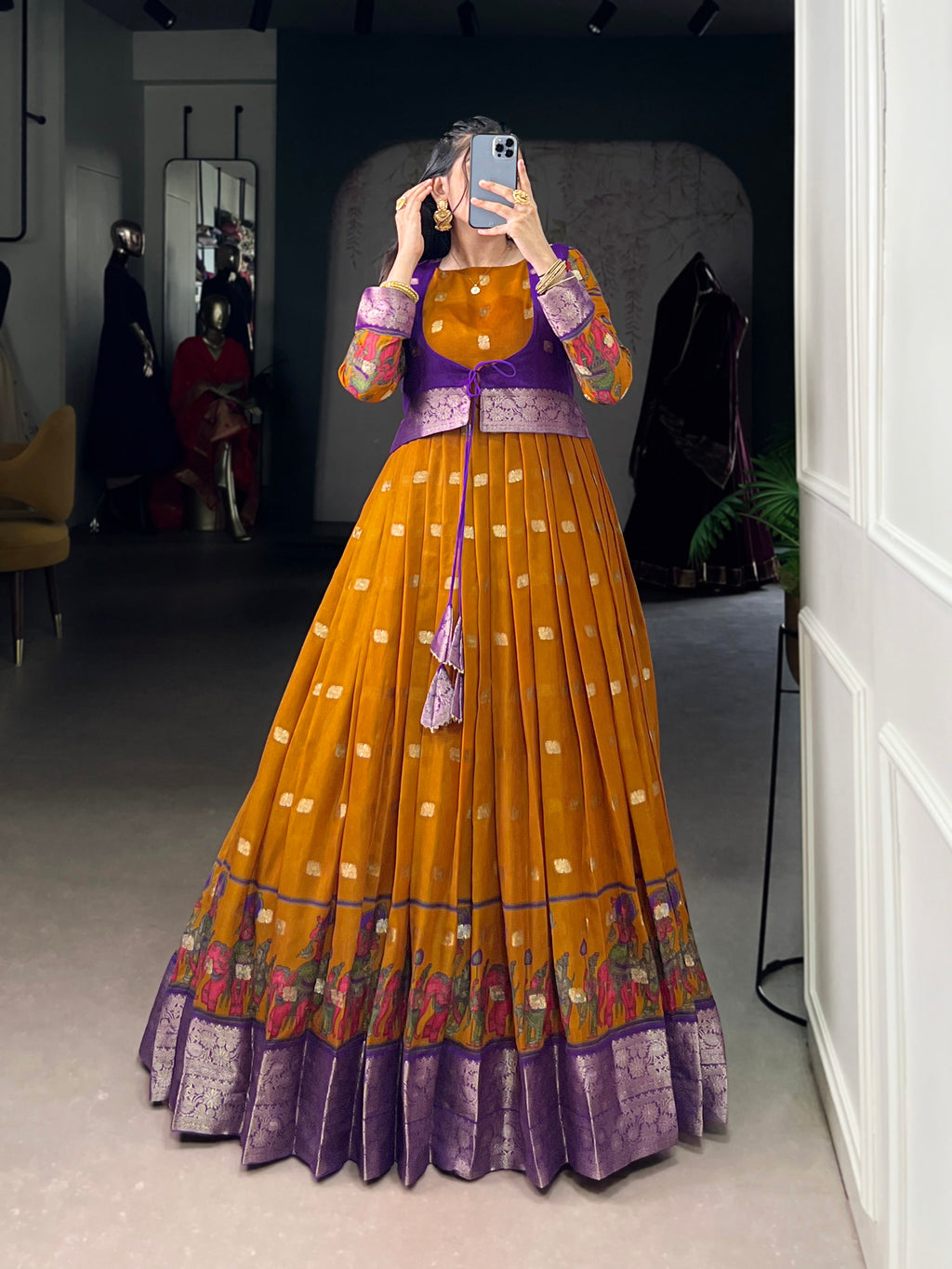 Mustard Poly Cotton Kalamkari Print Gown with Zari Border & Koti