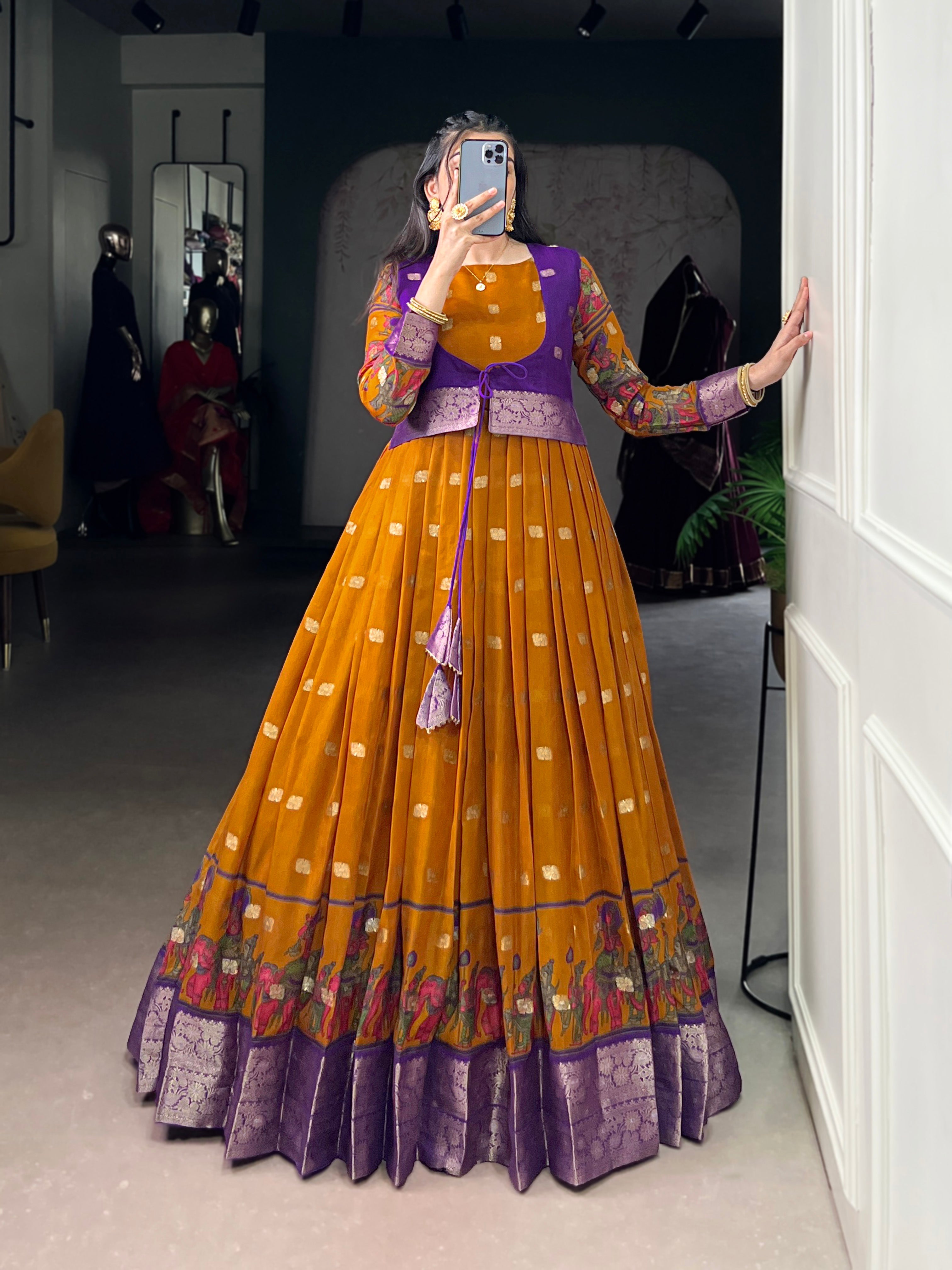 Mustard Poly Cotton Kalamkari Print Gown with Zari Border & Koti
