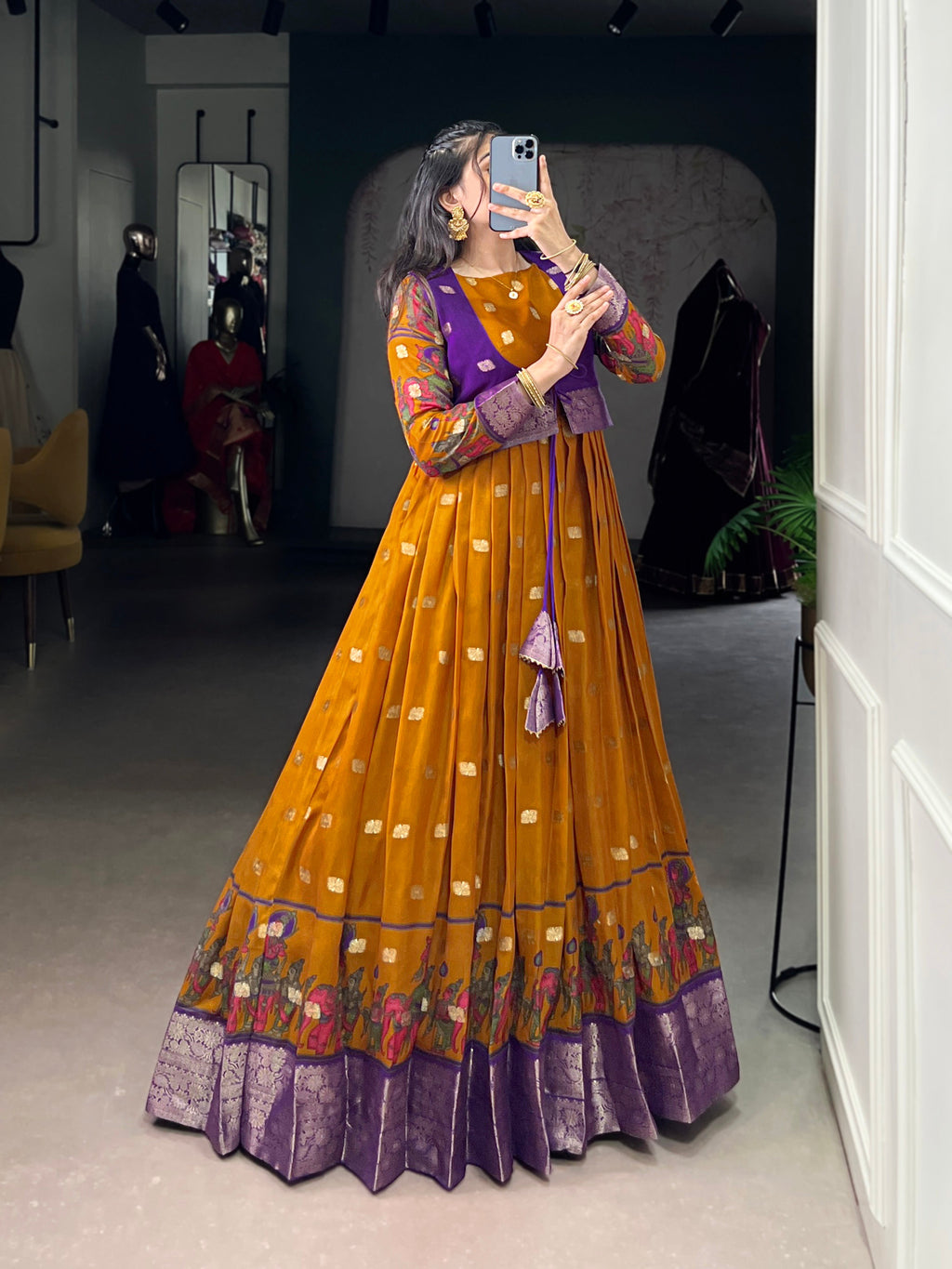 Mustard Poly Cotton Kalamkari Print Gown with Zari Border & Koti