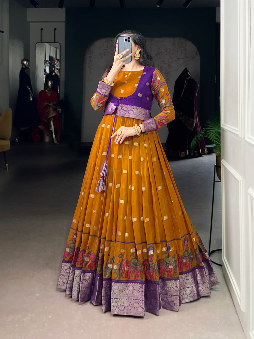 Mustard Poly Cotton Kalamkari Print Gown with Zari Border & Koti