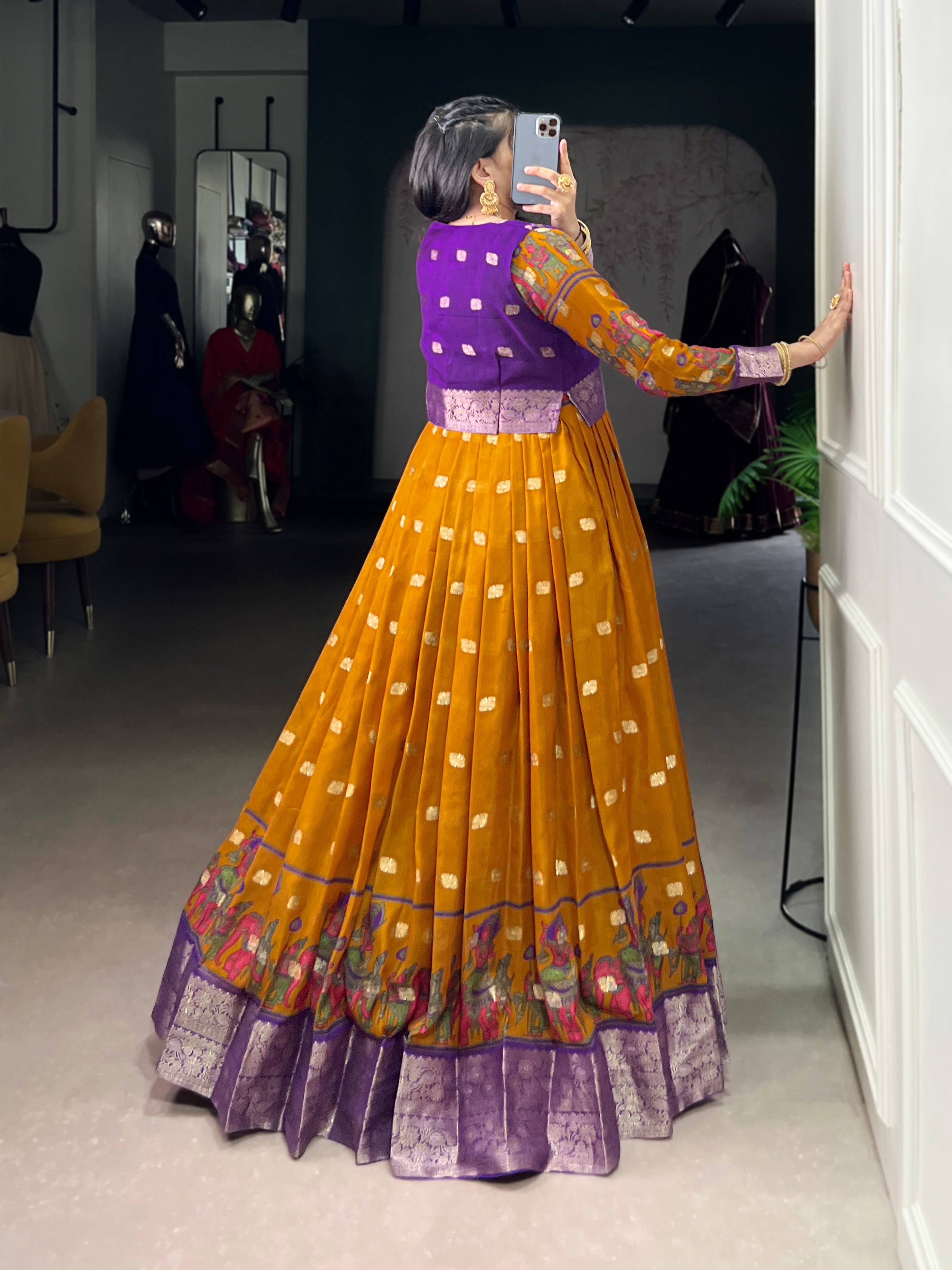 Mustard Poly Cotton Kalamkari Print Gown with Zari Border & Koti