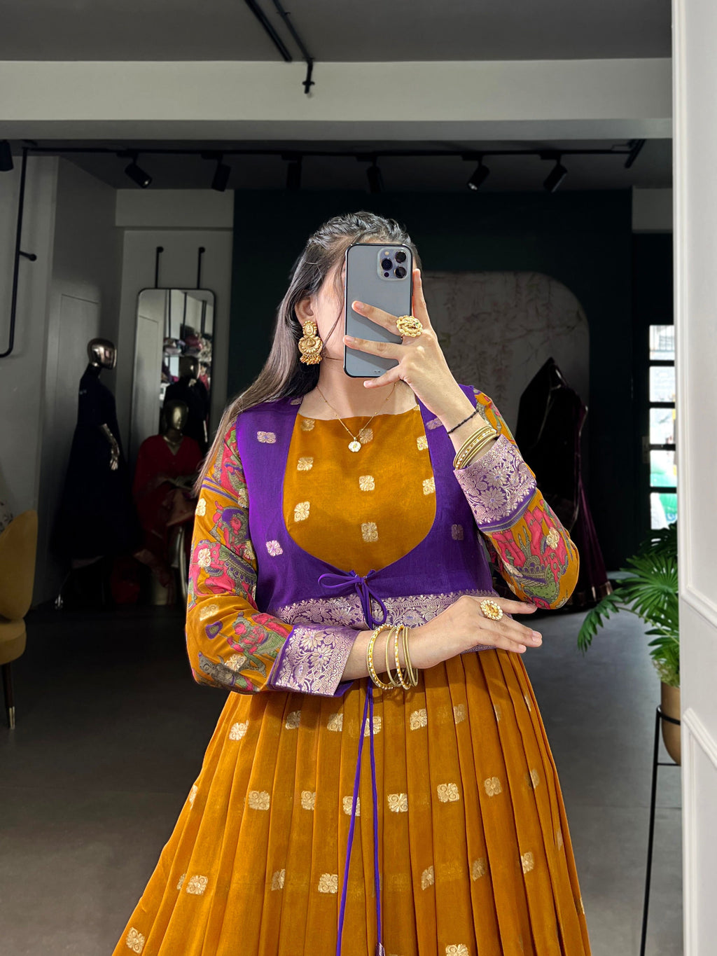 Mustard Poly Cotton Kalamkari Print Gown with Zari Border & Koti