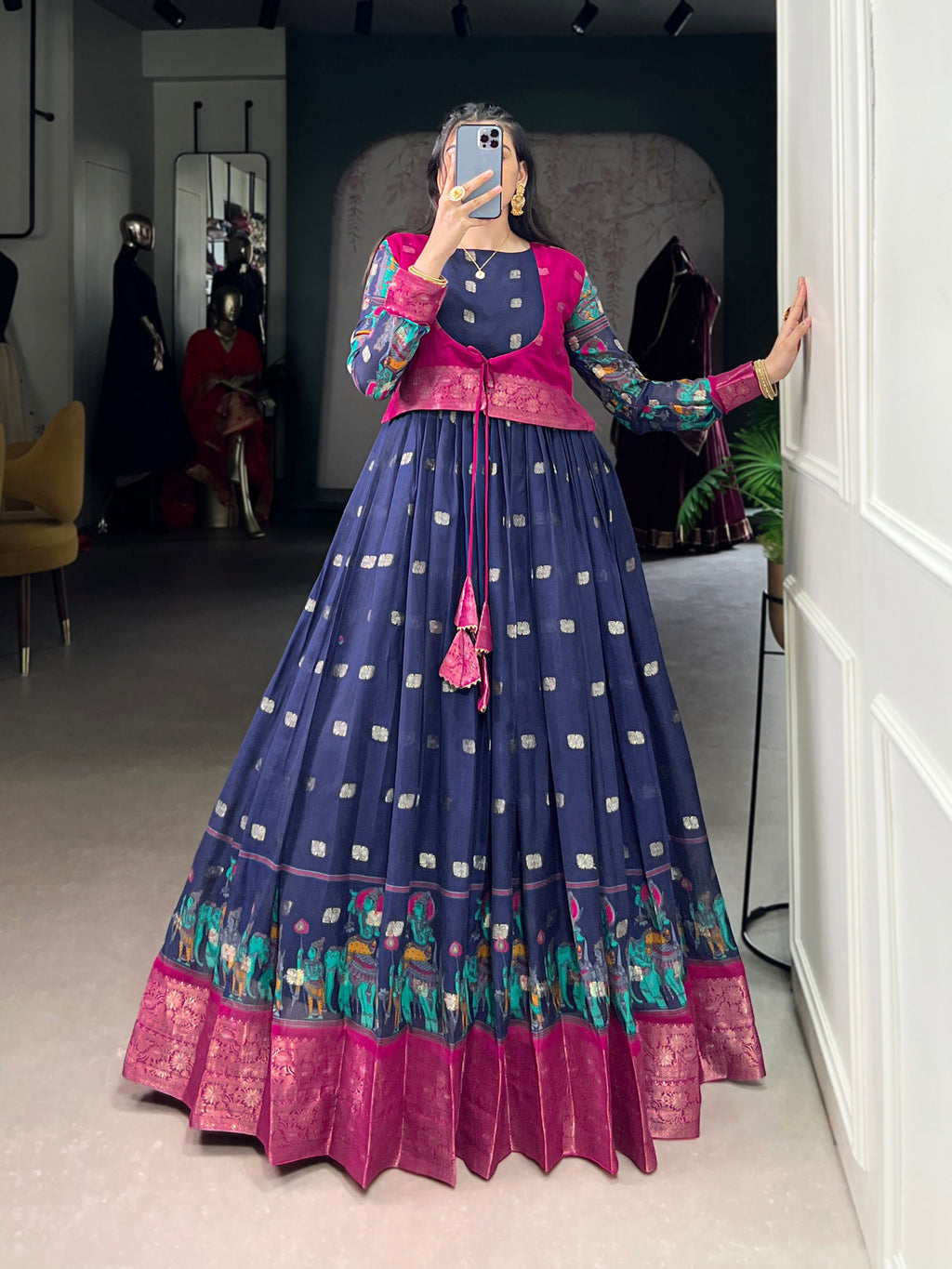 Lorenvalley Fashion Navy Blue Poly Cotton Kalamkari Print With Zari Weaving Work Border Gown with Koti