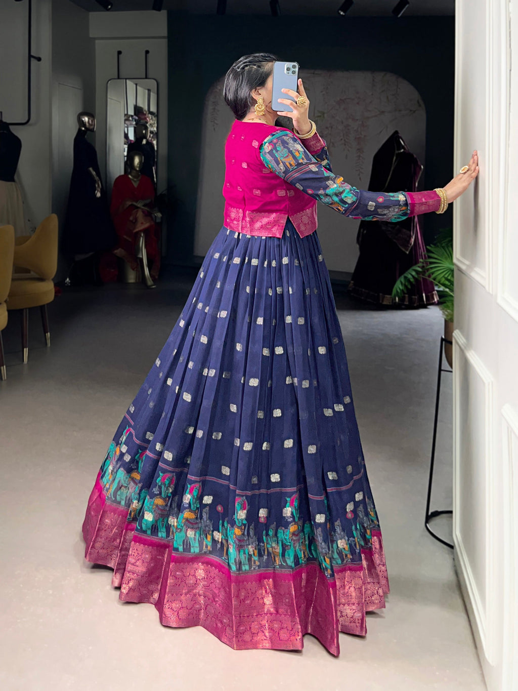 Lorenvalley Fashion Navy Blue Poly Cotton Kalamkari Print With Zari Weaving Work Border Gown with Koti