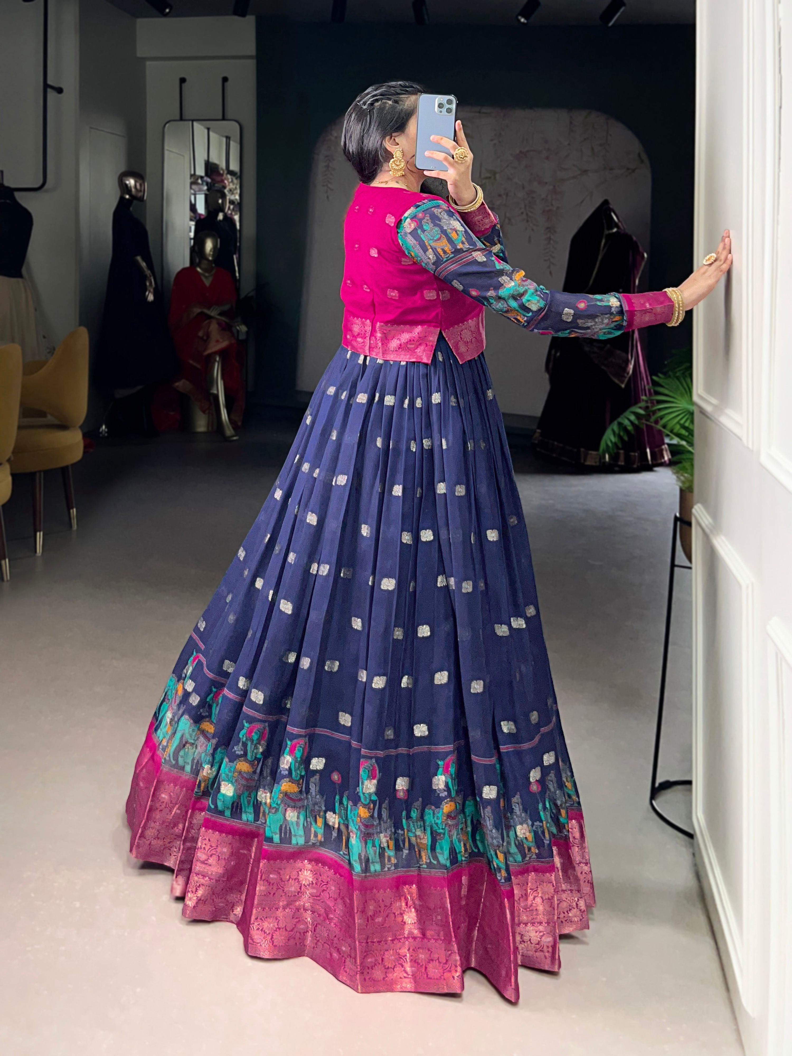 Lorenvalley Fashion Navy Blue Poly Cotton Kalamkari Print With Zari Weaving Work Border Gown with Koti
