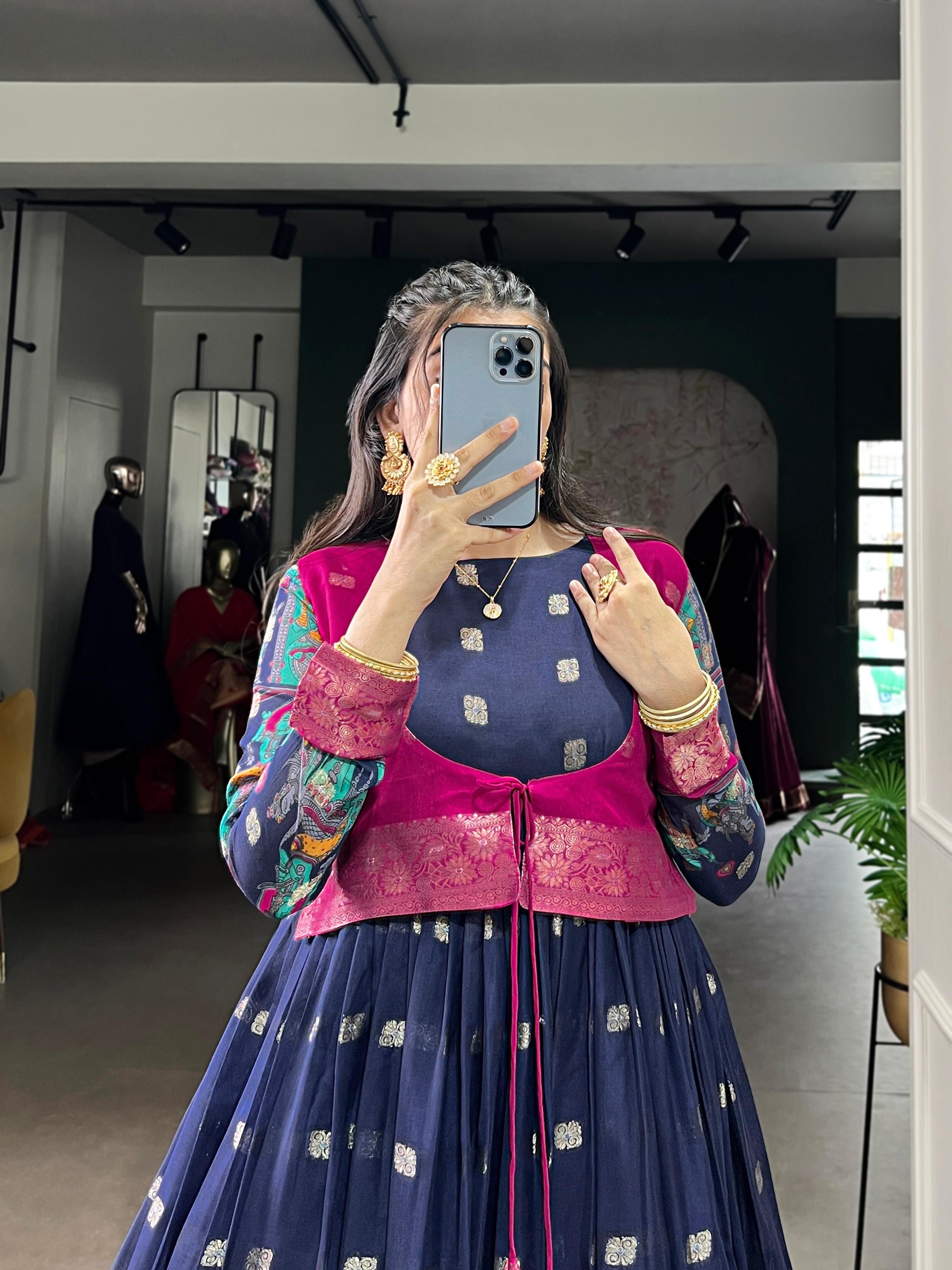 Lorenvalley Fashion Navy Blue Poly Cotton Kalamkari Print With Zari Weaving Work Border Gown with Koti