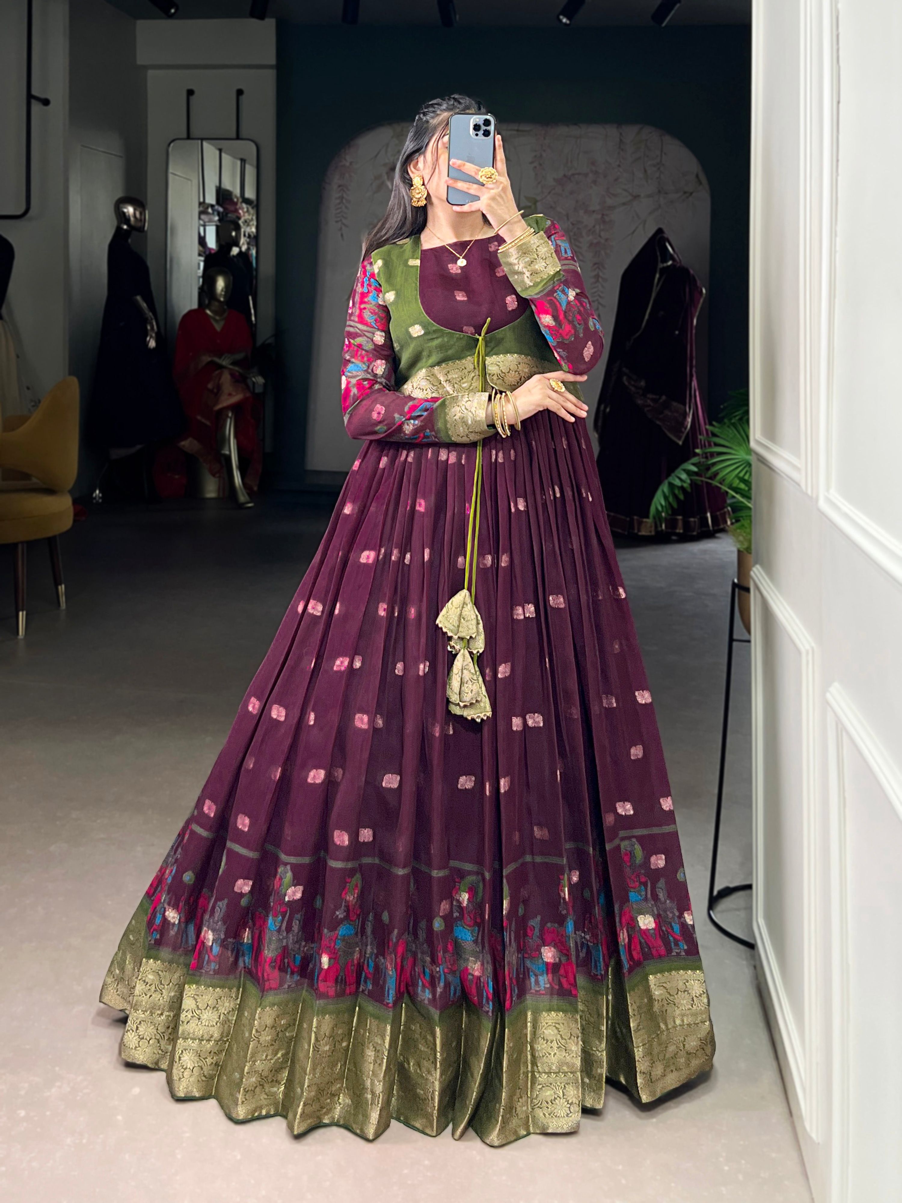 Wine Poly Cotton Kalamkari Print Gown with Zari Border and Koti