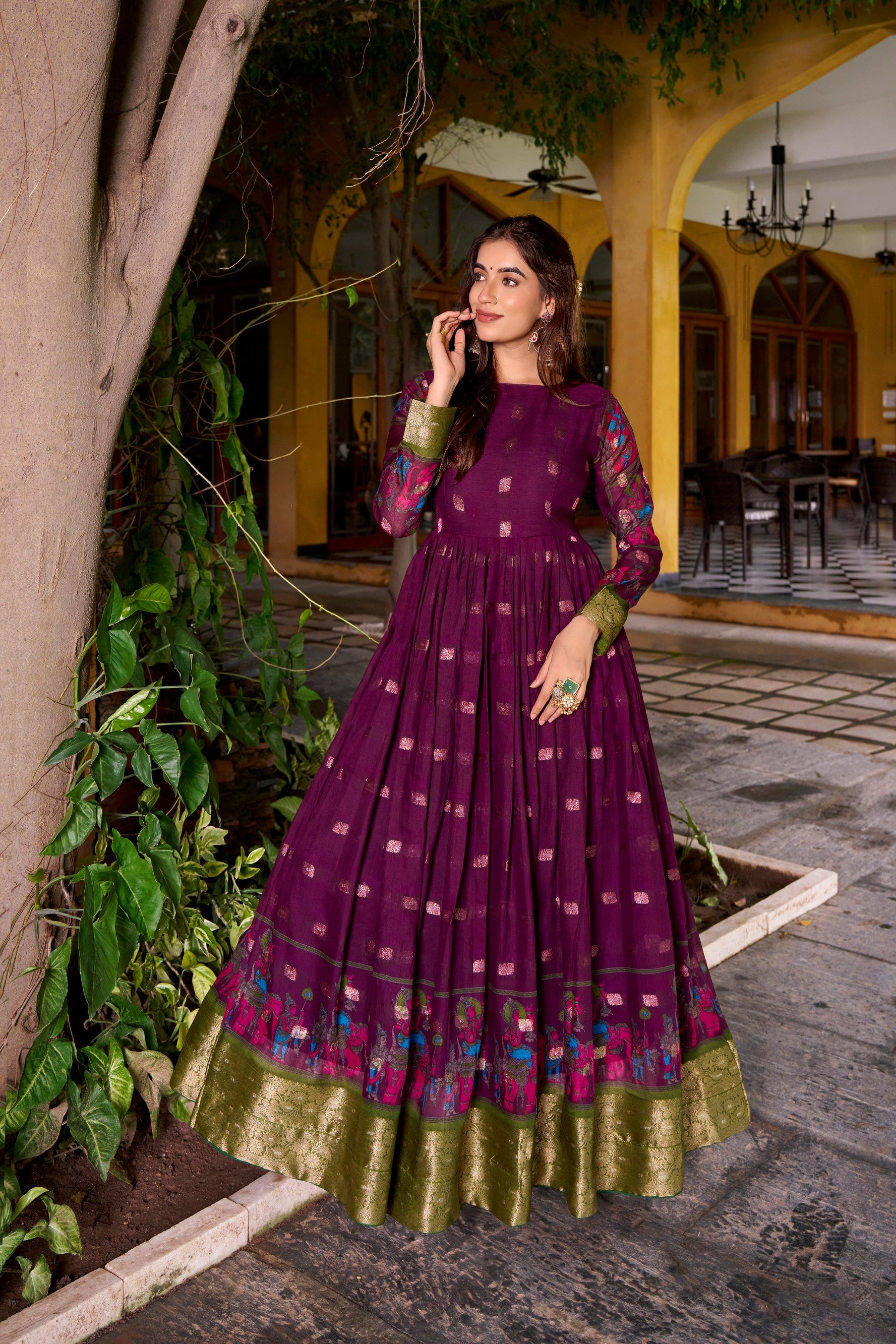 Wine Poly Cotton Kalamkari Print Gown with Zari Border and Koti