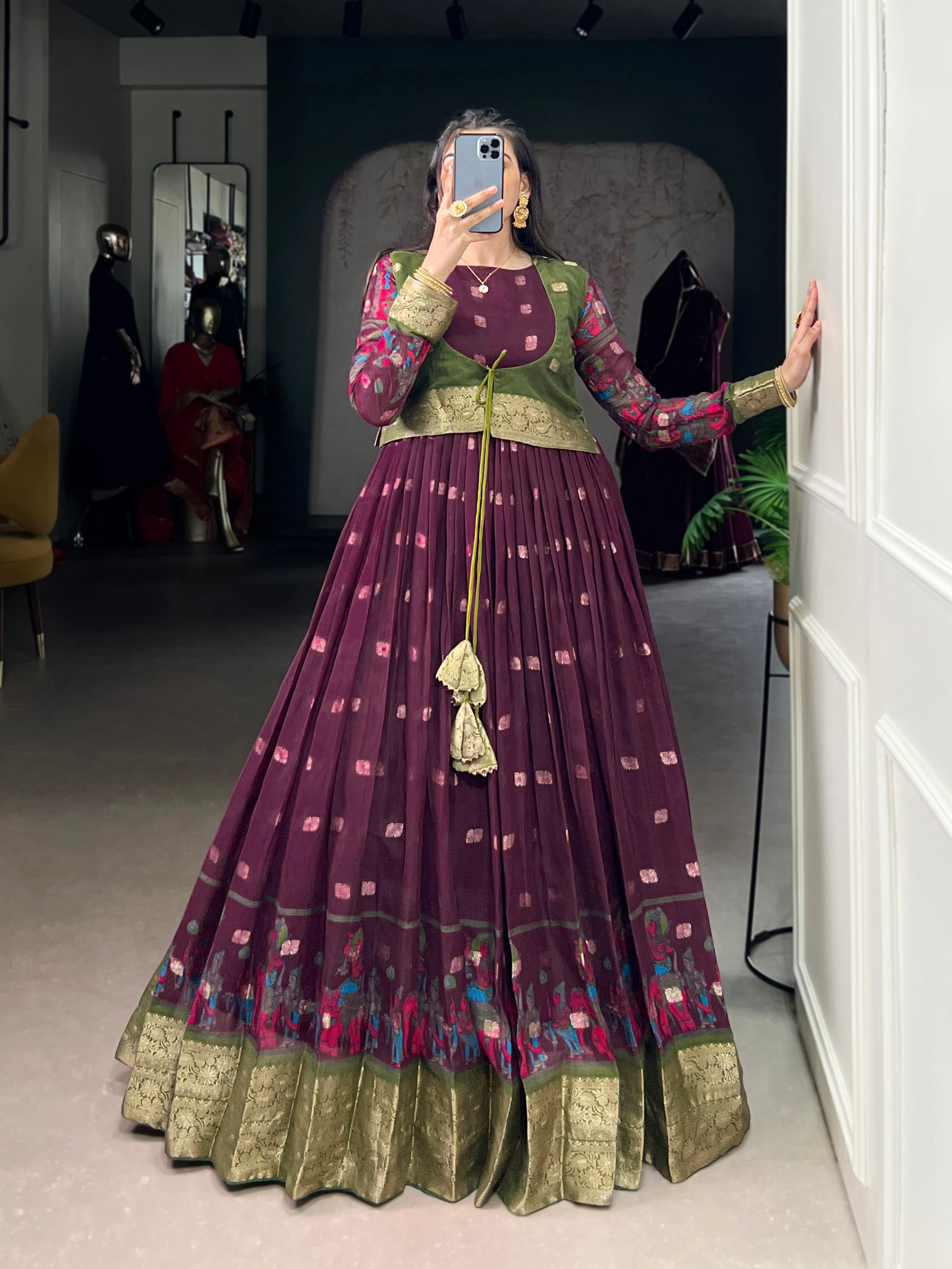 Wine Poly Cotton Kalamkari Print Gown with Zari Border and Koti