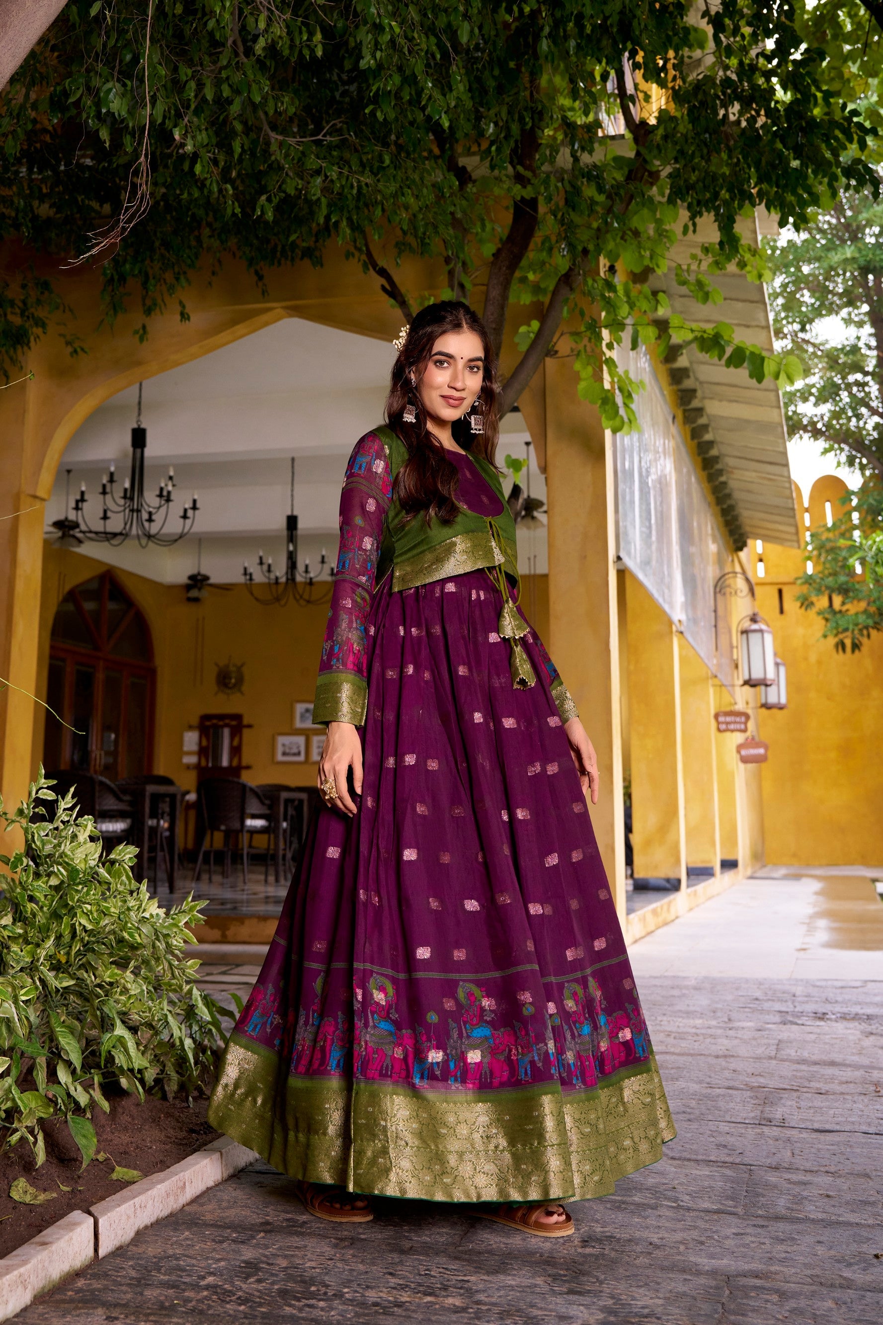 Wine Poly Cotton Kalamkari Print Gown with Zari Border and Koti