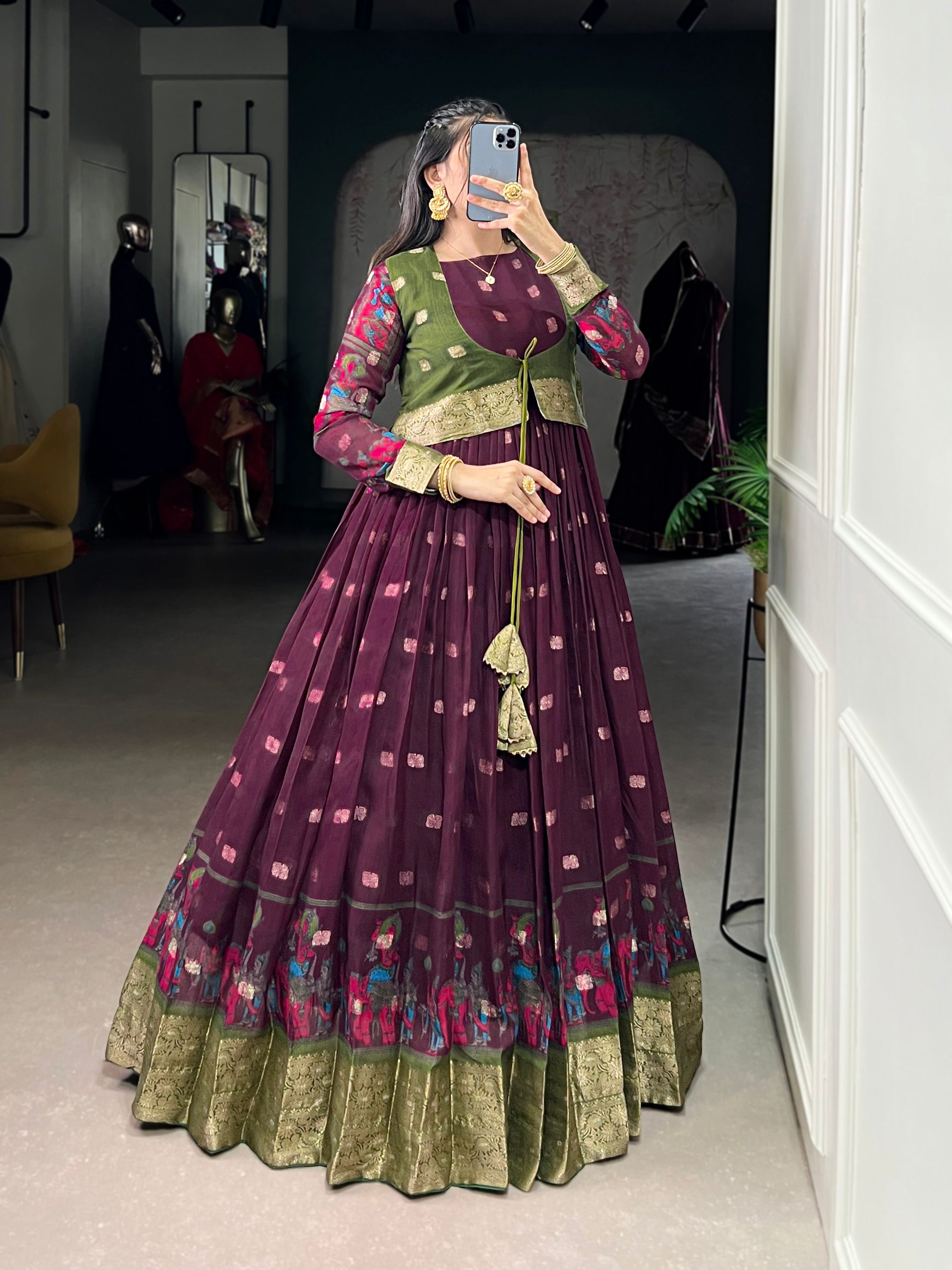 Wine Poly Cotton Kalamkari Print Gown with Zari Border and Koti