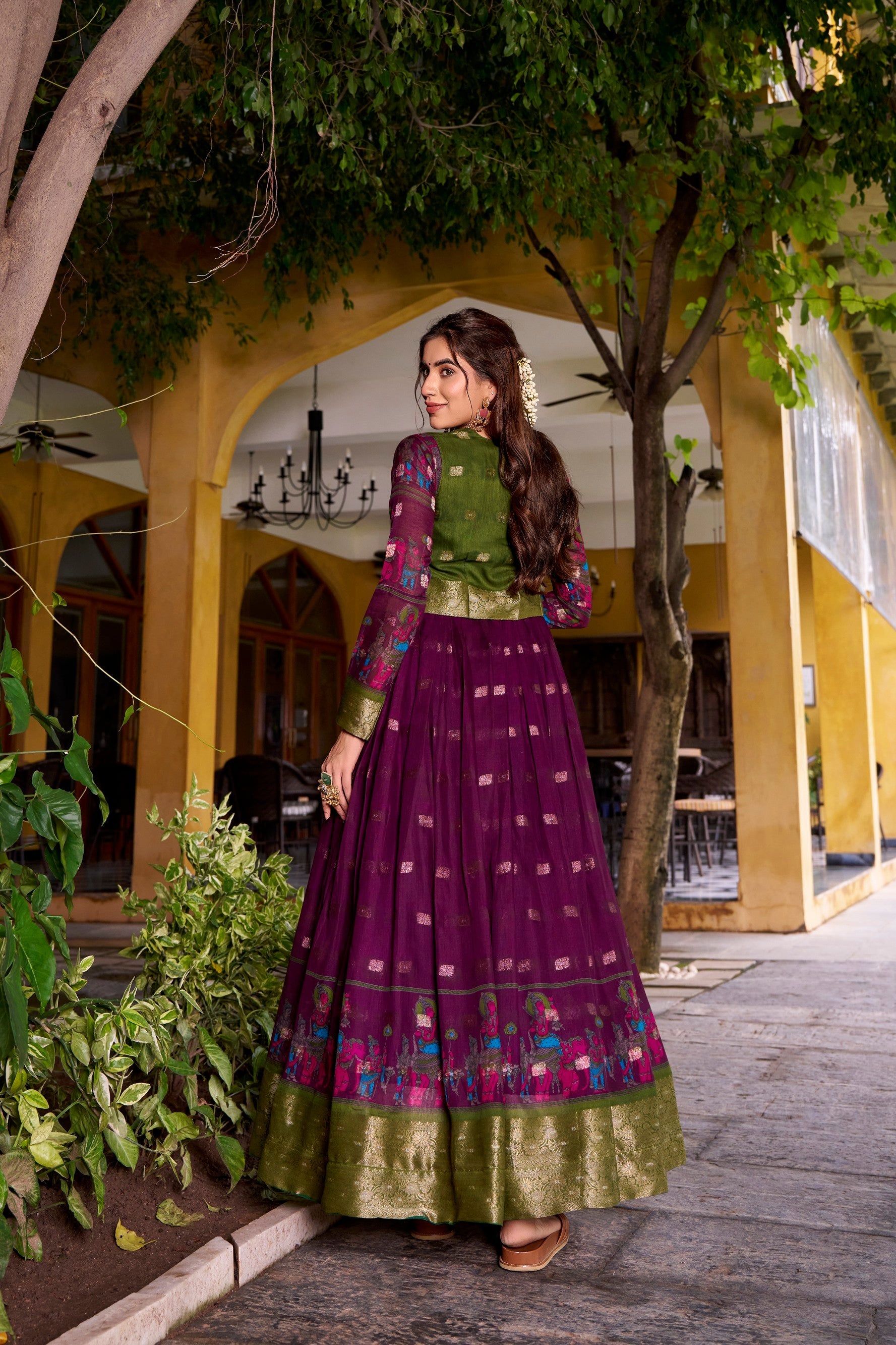 Wine Poly Cotton Kalamkari Print Gown with Zari Border and Koti