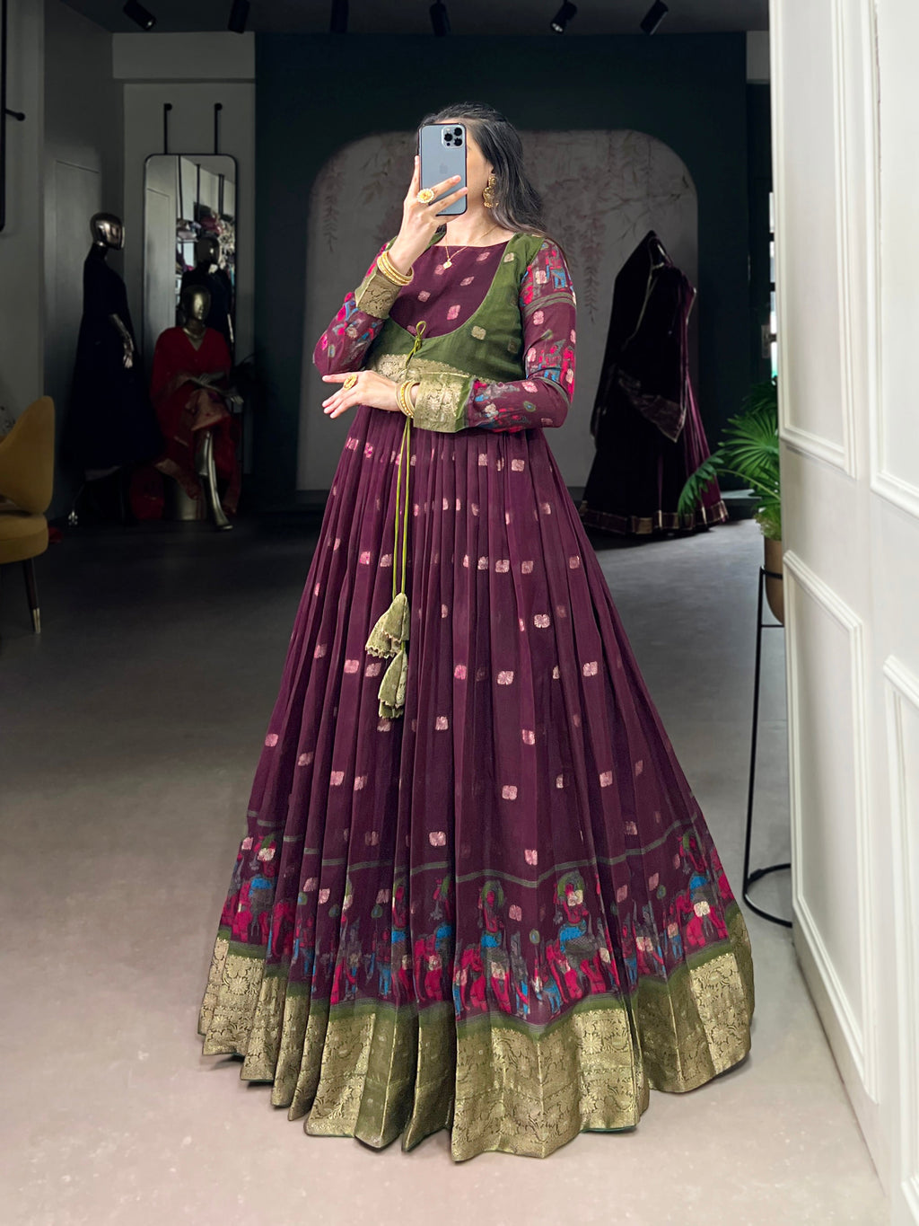 Wine Poly Cotton Kalamkari Print Gown with Zari Border and Koti