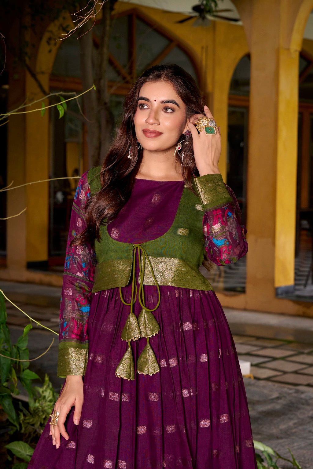 Wine Poly Cotton Kalamkari Print Gown with Zari Border and Koti