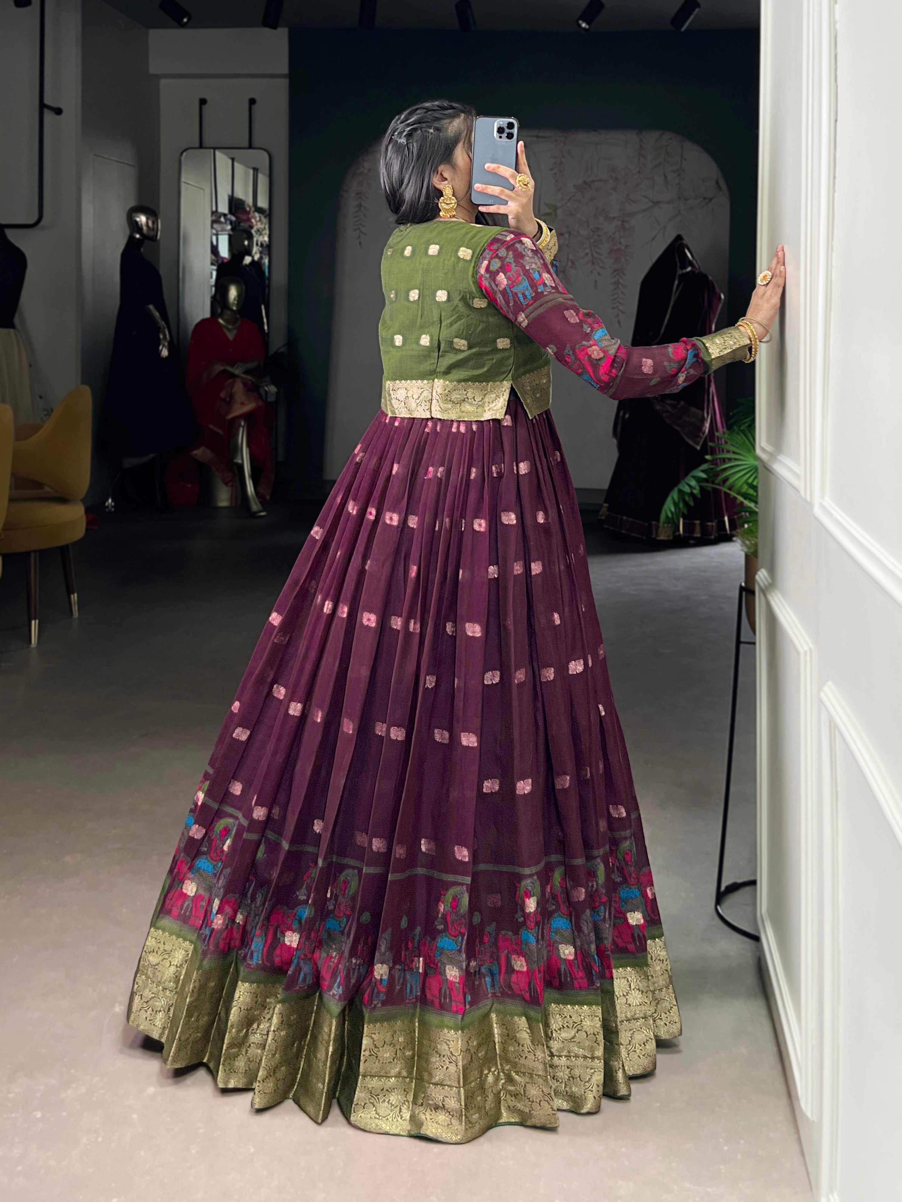 Wine Poly Cotton Kalamkari Print Gown with Zari Border and Koti