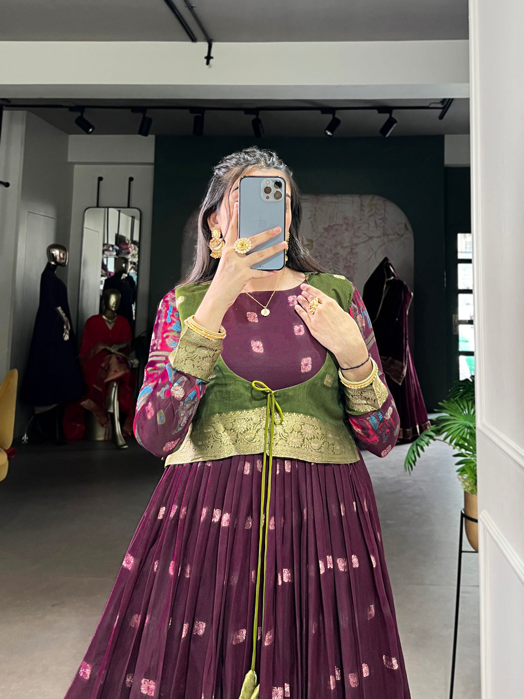 Wine Poly Cotton Kalamkari Print Gown with Zari Border and Koti