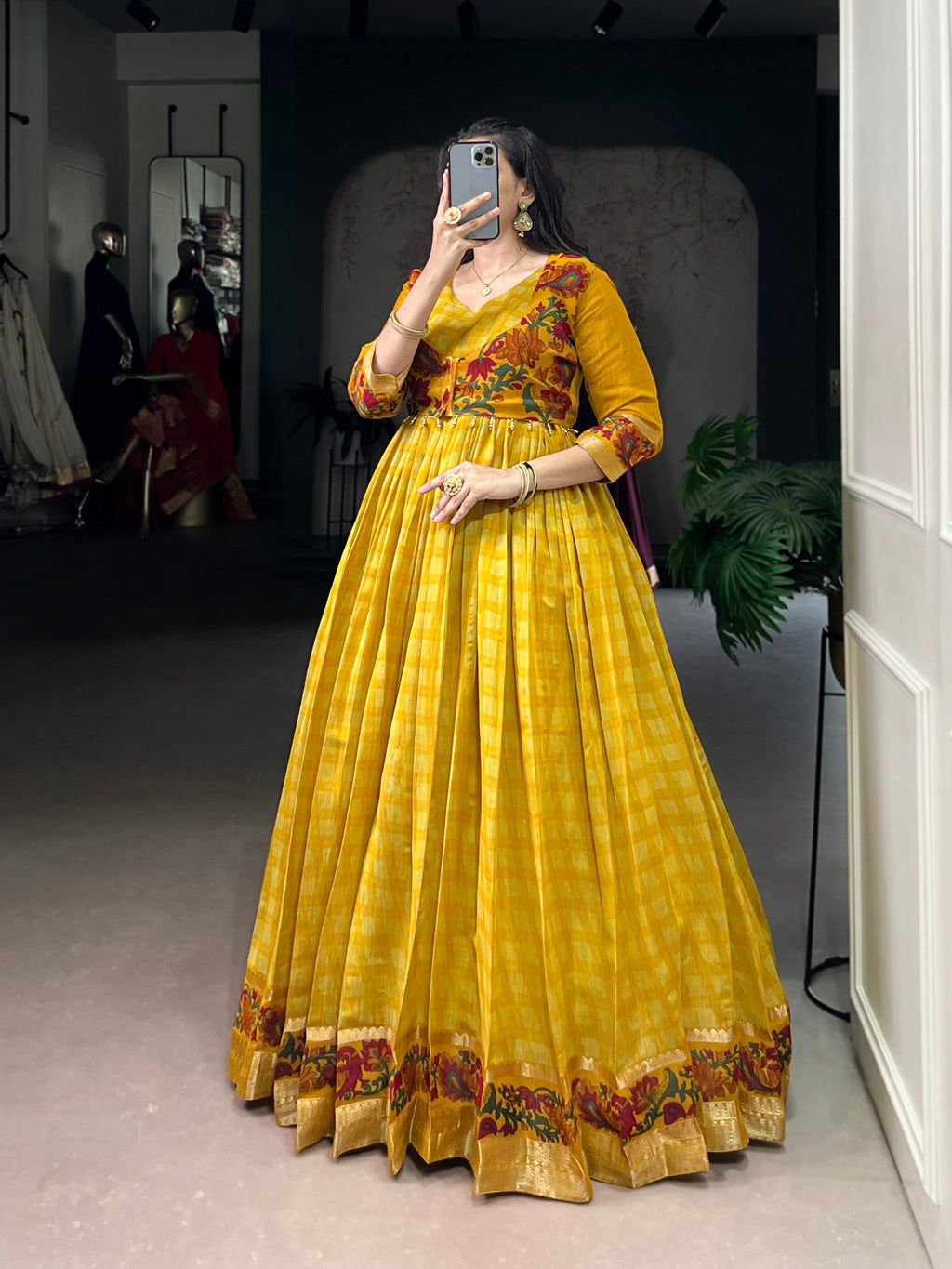 Lorenvalley Fashion Mustard Viscose Chanderi Printed With Zari Weaving Work Gown with Koti