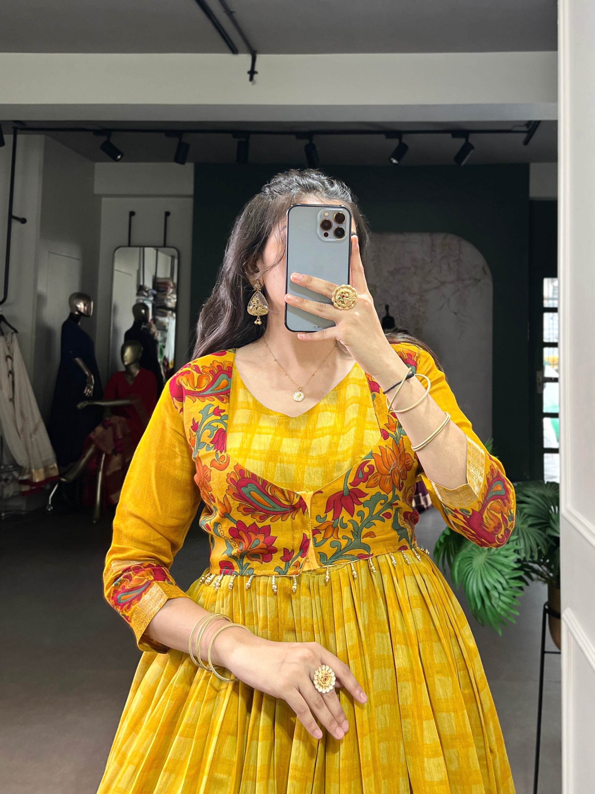 Lorenvalley Fashion Mustard Viscose Chanderi Printed With Zari Weaving Work Gown with Koti