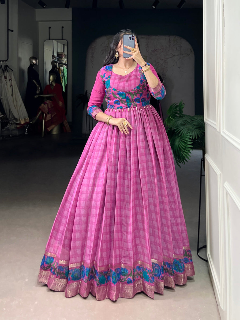 Lorenvalley Fashion Pink Viscose Chanderi Printed With Zari Weaving Work Gown with Koti