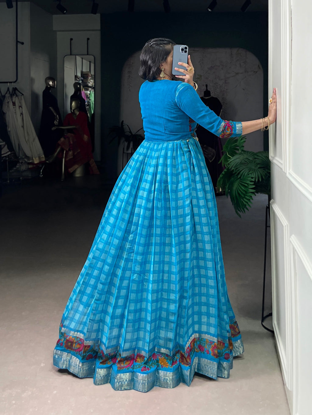 Lorenvalley Fashion Skyblue Viscose Chanderi Printed With Zari Weaving Work Gown with Koti