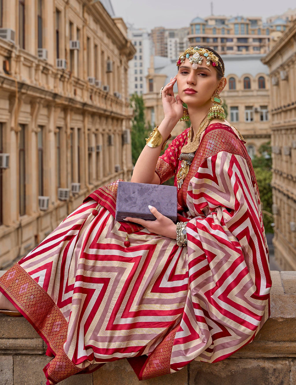 Maroon Silk Saree with Geometric Weaving Border and Blouse