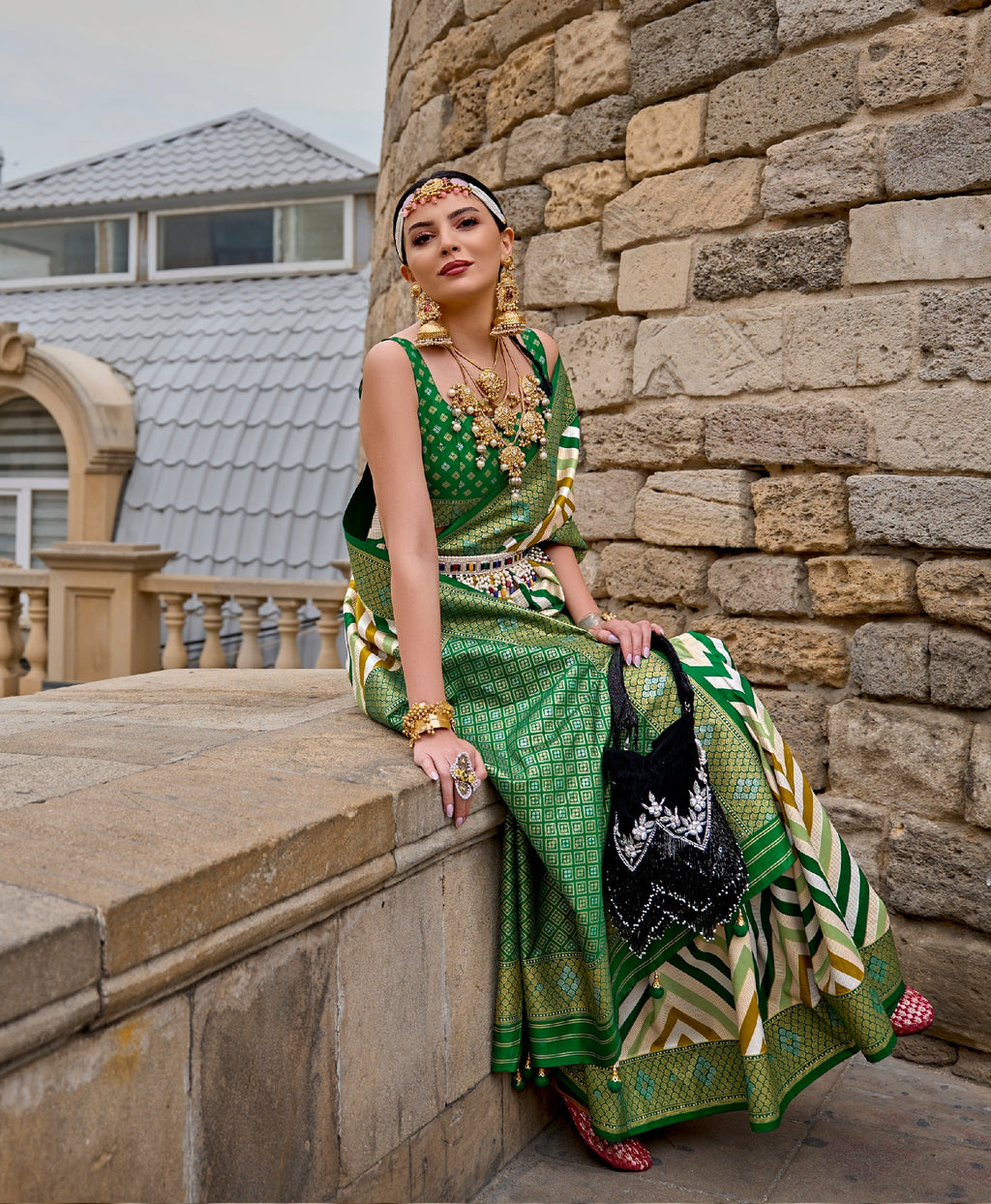 Green Silk Saree with Geometric Weaving Border and Blouse