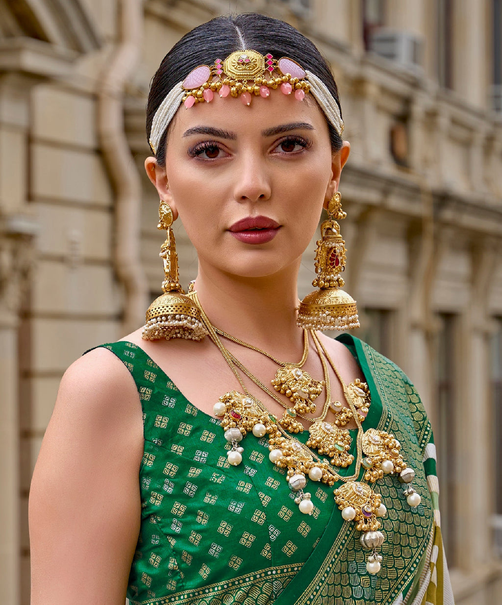 Green Silk Saree with Geometric Weaving Border and Blouse